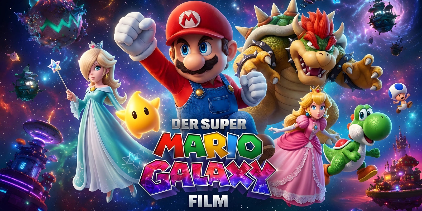 Der Super Mario Galaxy Film DVD vorbestellen mit Mario, Peach, Bowser, Rosalina und Yoshi im Weltall