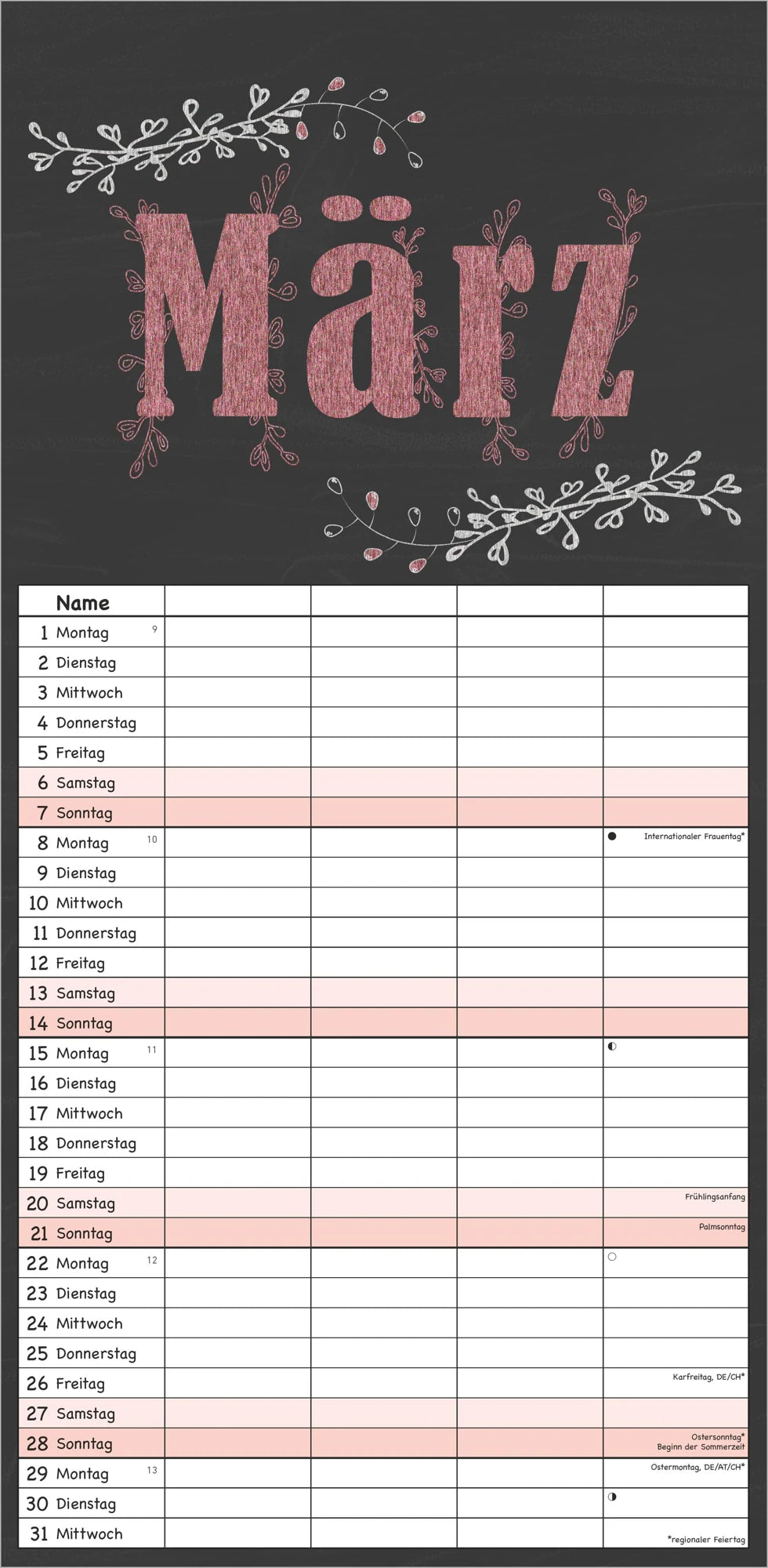 Tafel Timer - 4 Spalten 2027 – Ansicht
