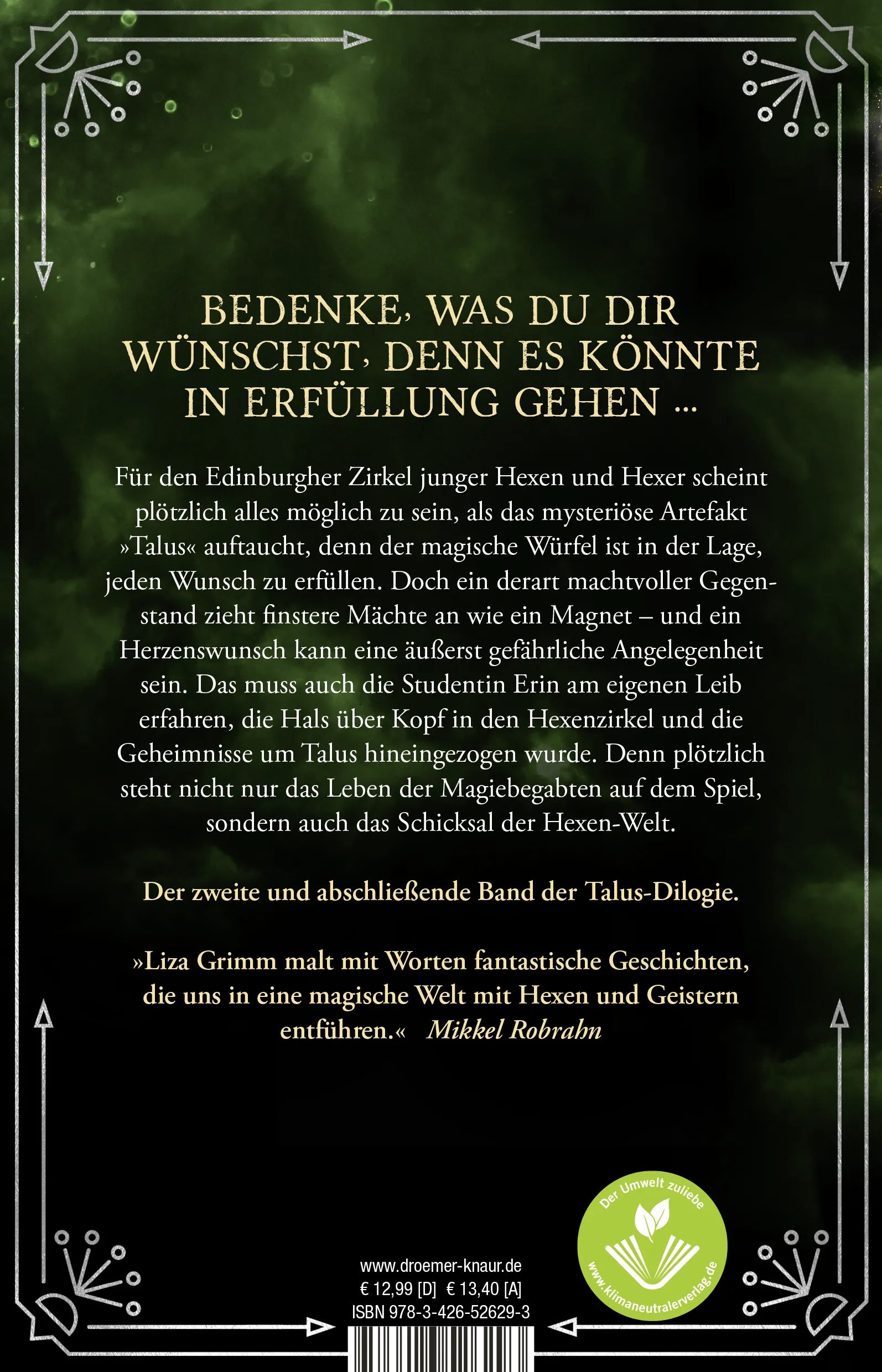 Buchrückseite von 'Talus - Die Magie des Würfels' mit Klappentext - Paperback