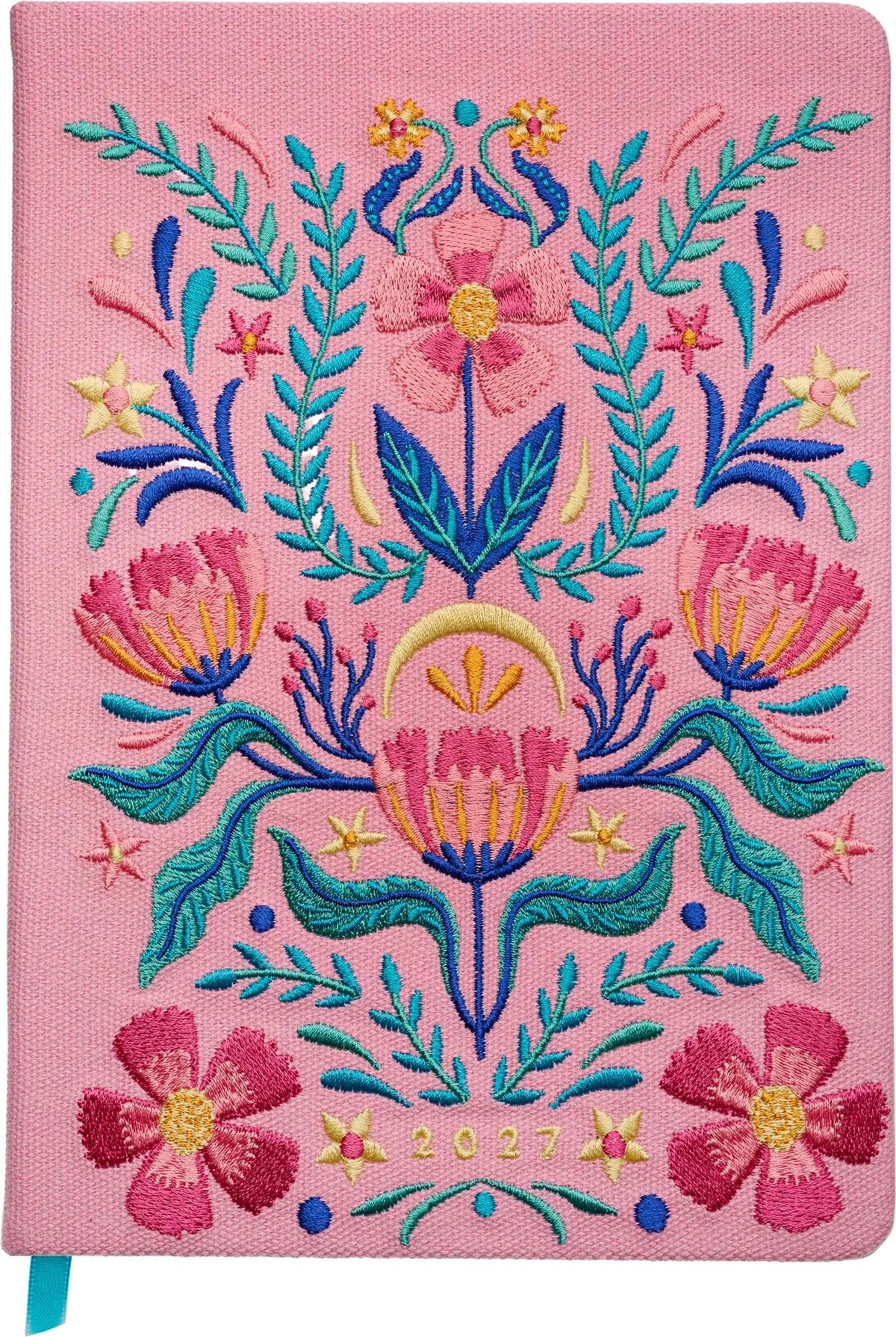 Taschenkalender: Taschenkalender A5 2027: Blütenmotiv, bestickt, rosa