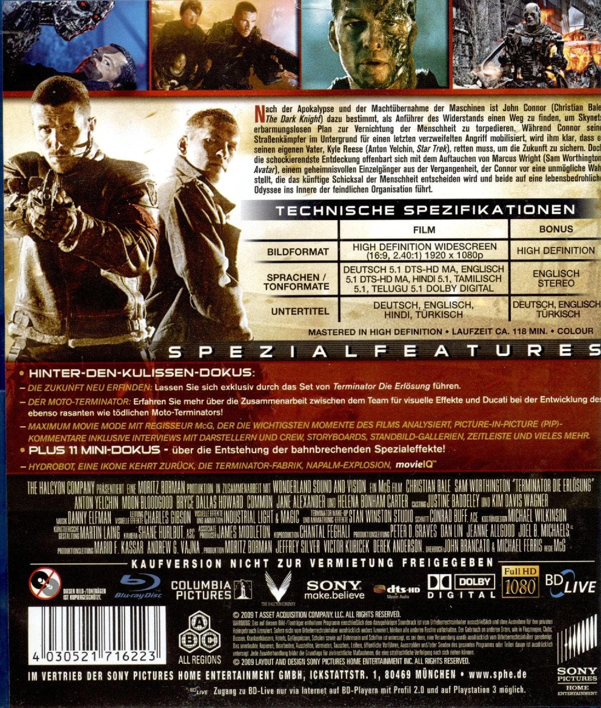 Terminator – Die Erlösung, Director’s Cut – Blu-ray, Rückseite mit Filminformationen und technischen Angaben