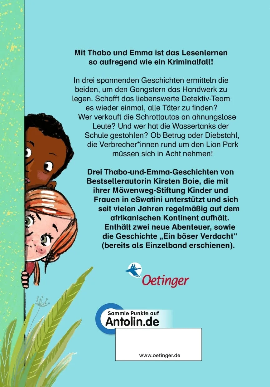 Buchrückseite von 'Thabo und Emma. 3 Abenteuer in einem Band' mit Klappentext - Gebundene Ausgabe