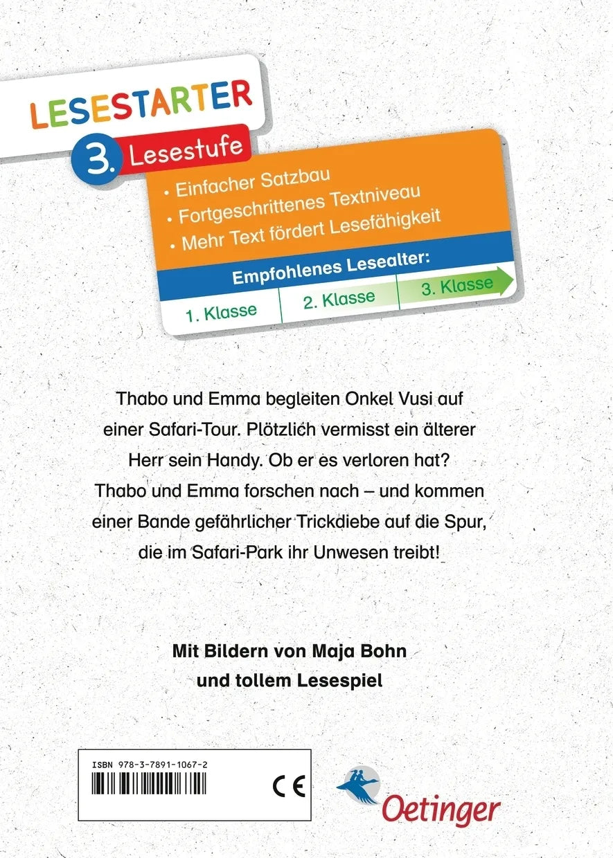 Buchrückseite von 'Thabo und Emma. Diebe im Safari-Park' mit Klappentext - Gebundene Ausgabe