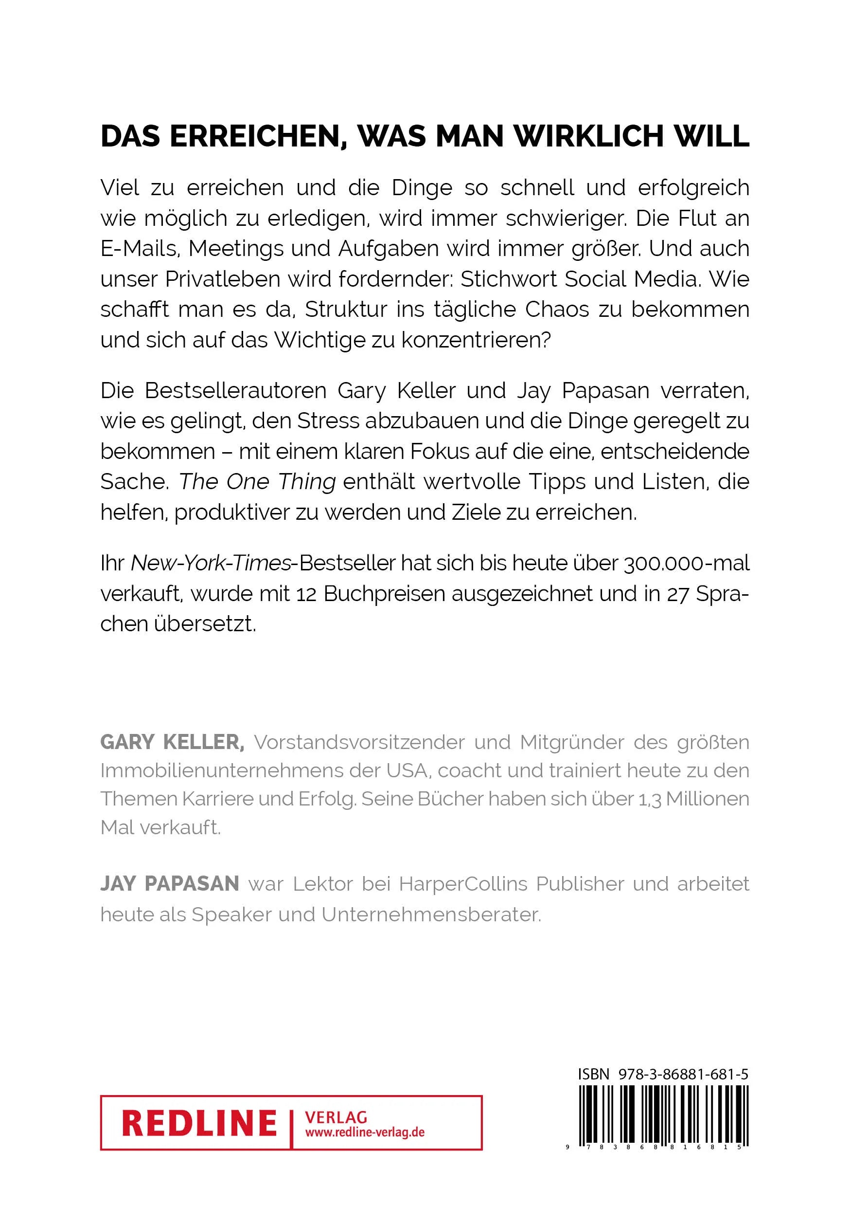 Buchrückseite von 'The One Thing' mit Klappentext - Taschenbuch
