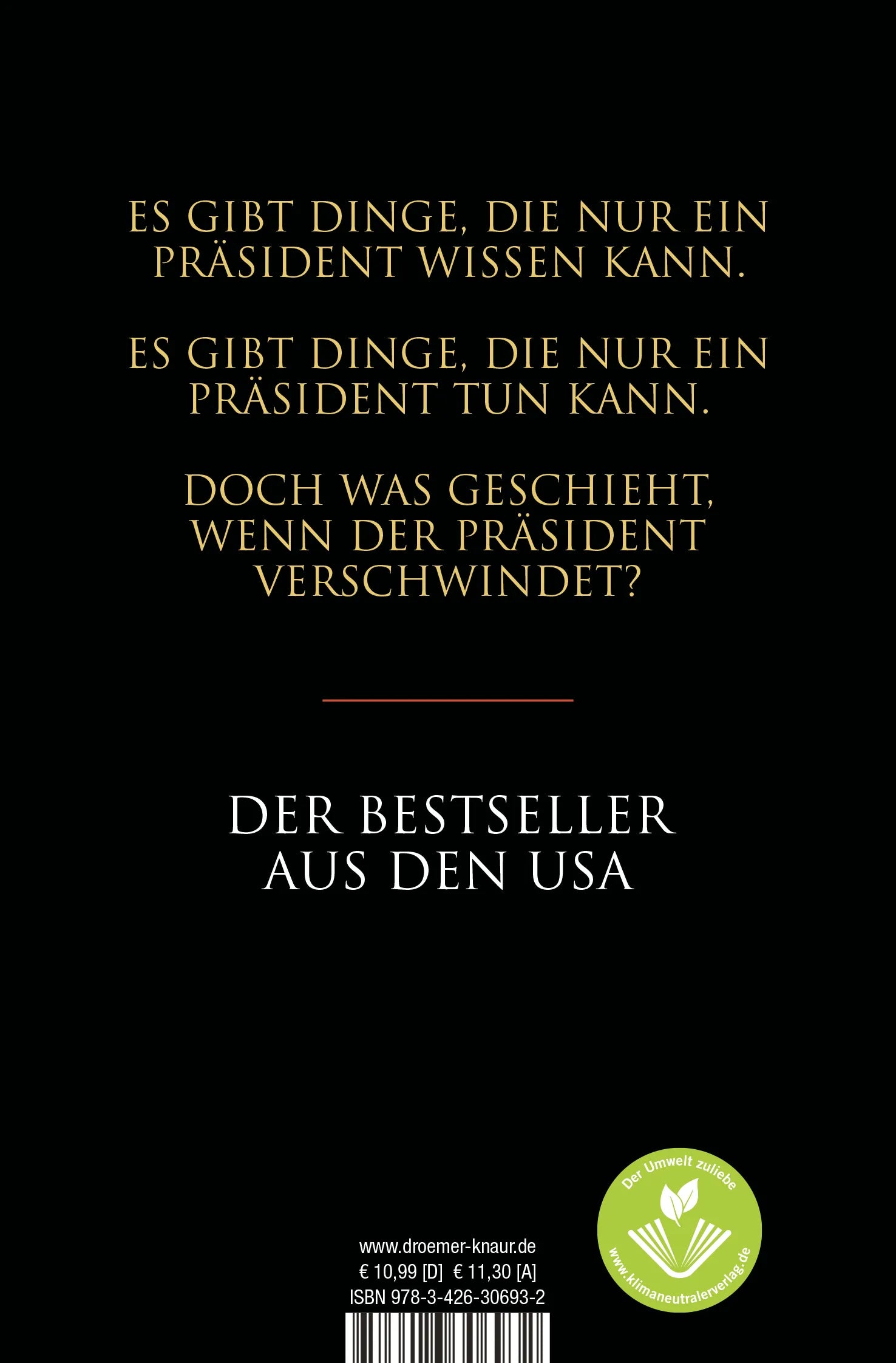 Buchrückseite von 'The President Is Missing' mit Klappentext - Taschenbuch