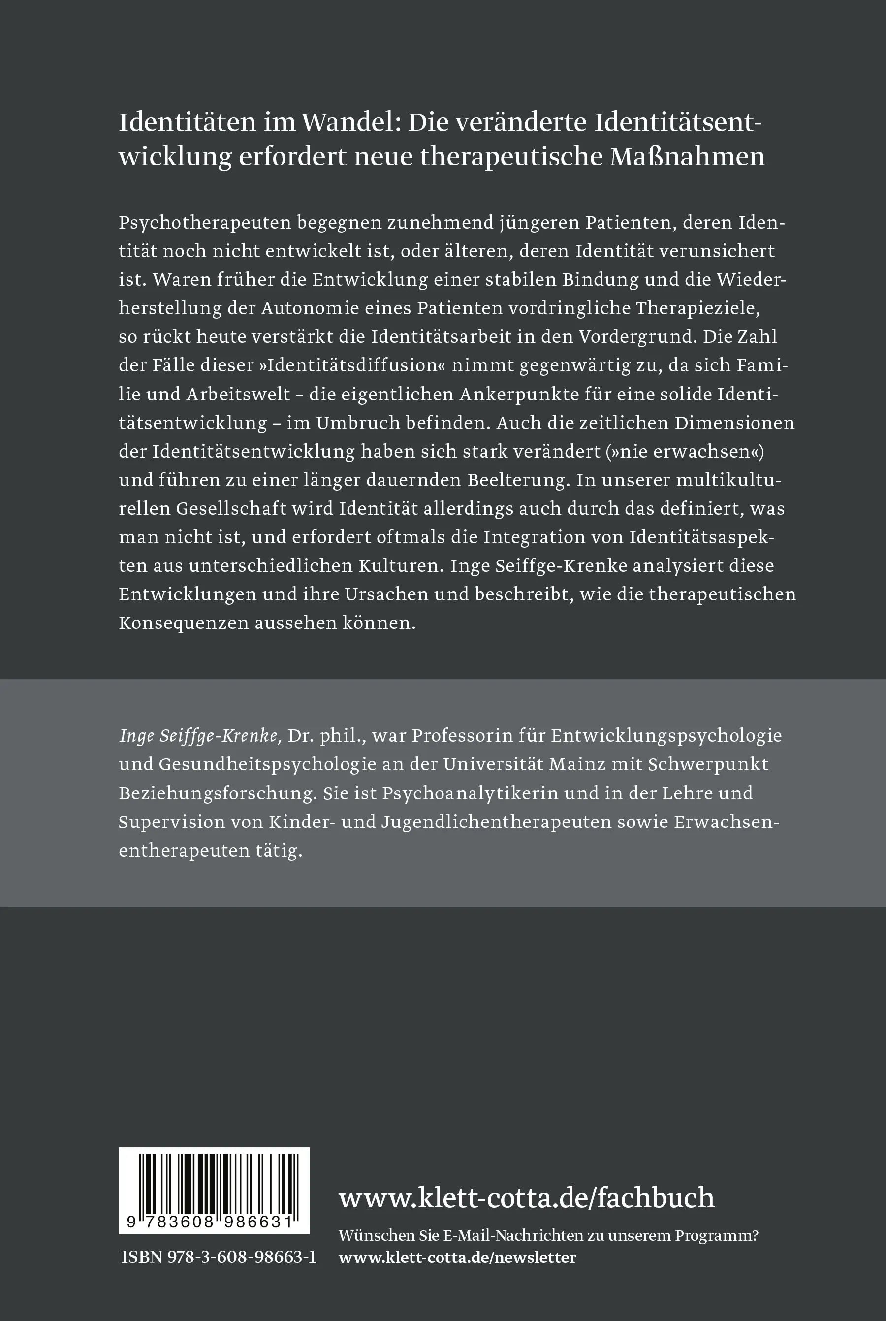 Buchrückseite von 'Therapieziel Identität' mit Klappentext - Paperback