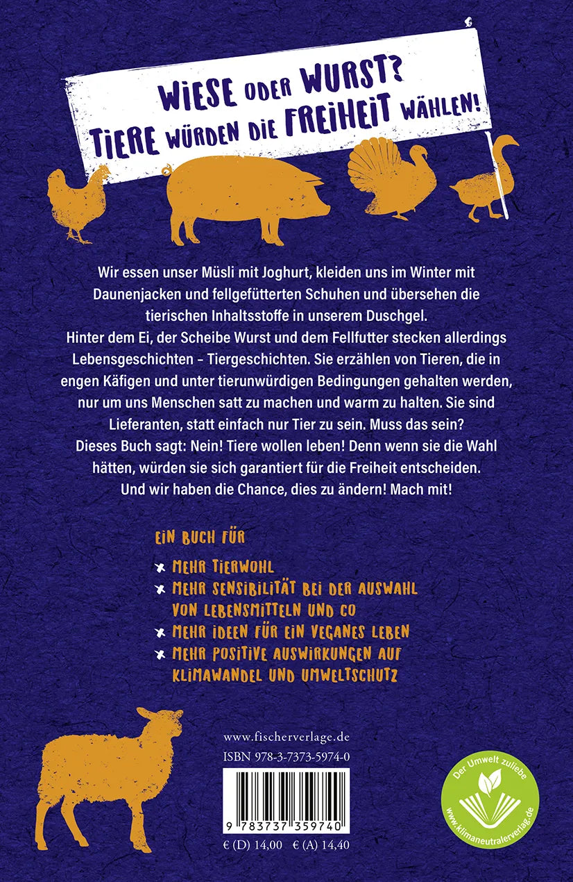 Buchrückseite von 'Tiere wollen leben!' mit Klappentext - Taschenbuch