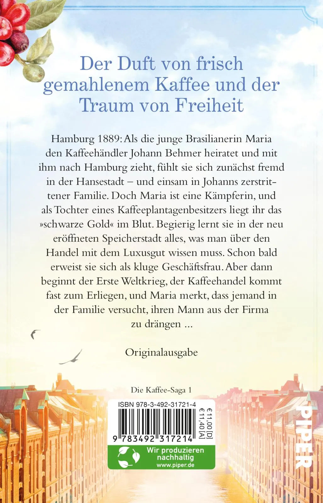 Buchrückseite von 'Töchter der Speicherstadt – Der Duft von Kaffeeblüten' mit Klappentext - Taschenbuch