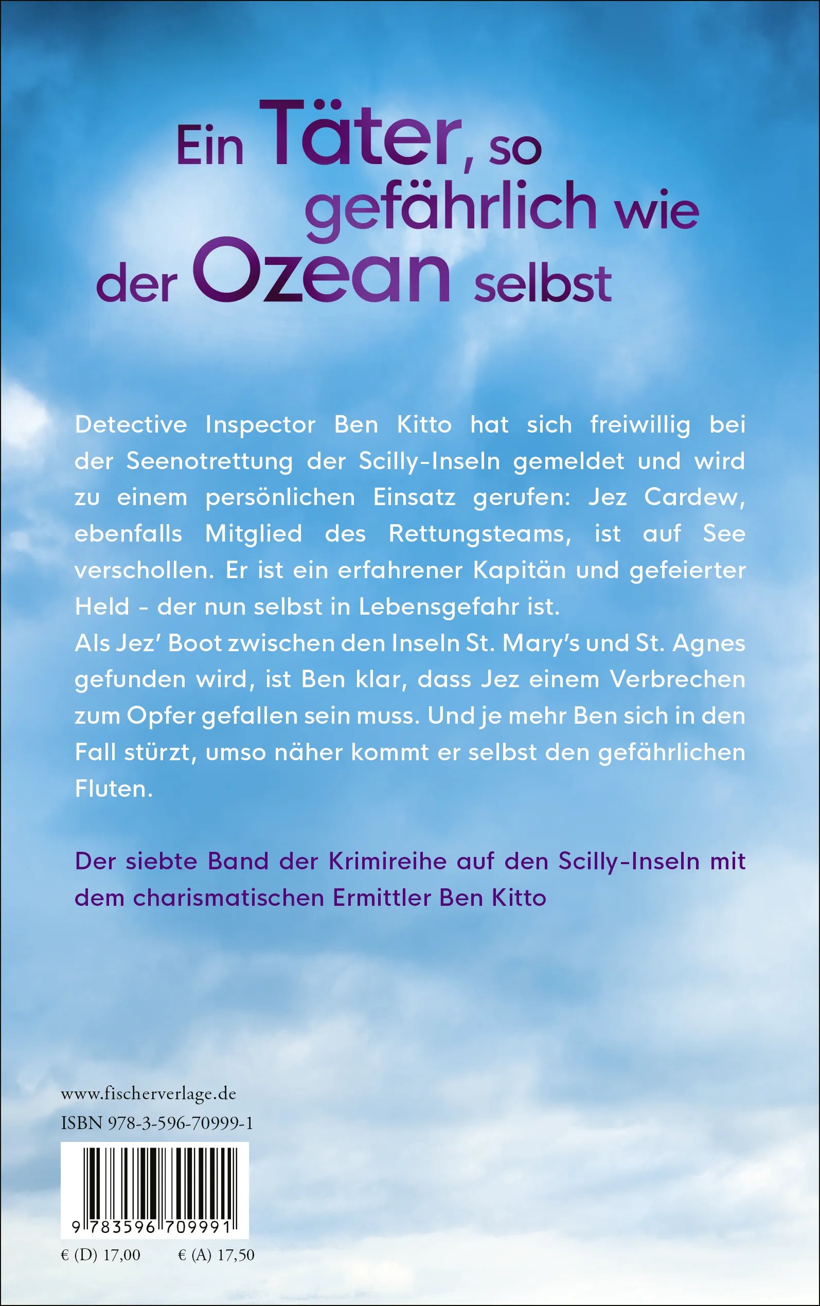 Buchrückseite von 'Tödlich rauscht die Brandung' mit Klappentext - Paperback
