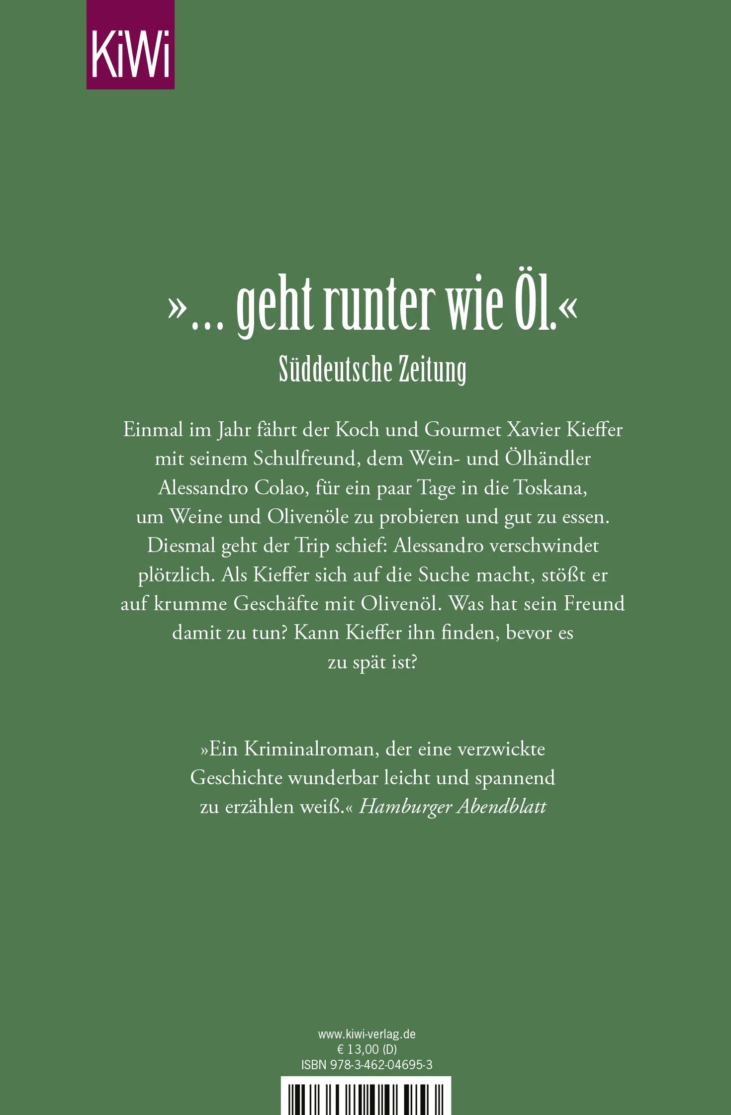 Buchrückseite von 'Tödliche Oliven' mit Klappentext - Taschenbuch