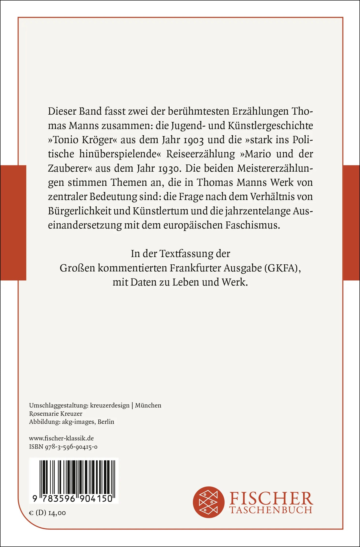 Buchrückseite von 'Tonio Kröger / Mario und der Zauberer' mit Klappentext - Taschenbuch