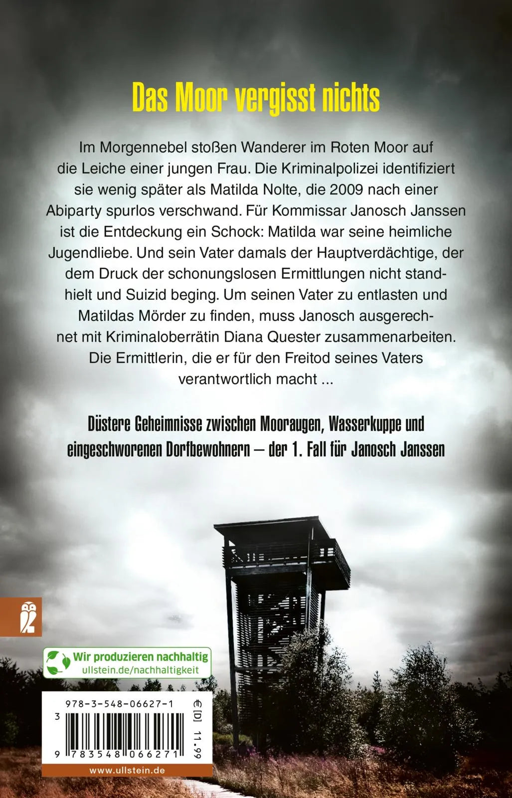 Buchrückseite von 'Totes Moor' mit Klappentext - Taschenbuch