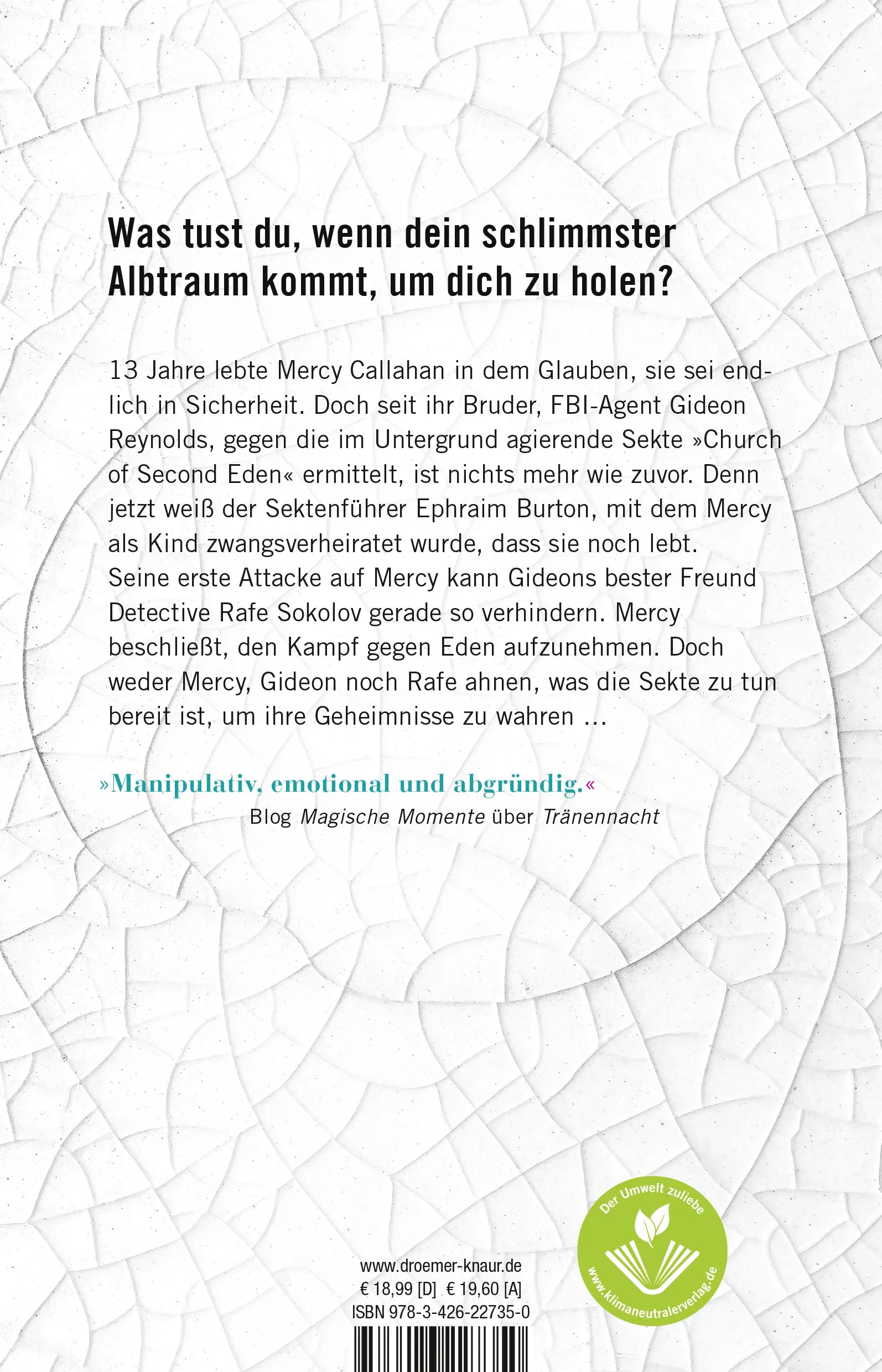Buchrückseite von 'Tränenfluch' mit Klappentext - Paperback