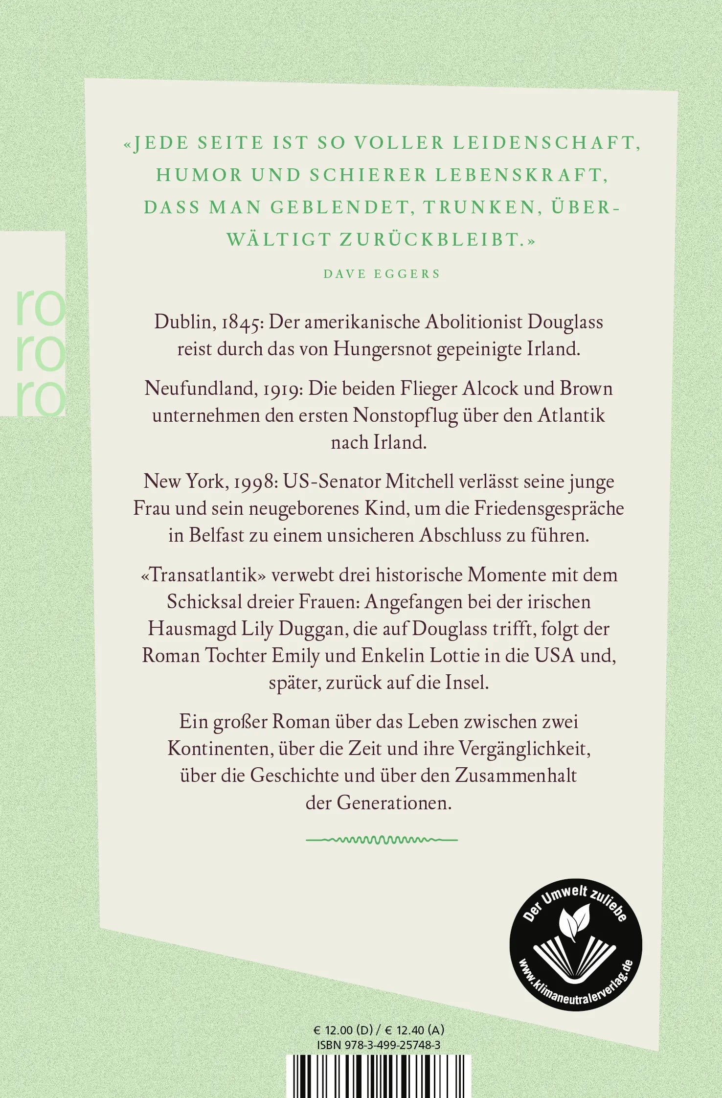 Buchrückseite von 'Transatlantik' mit Klappentext - Taschenbuch