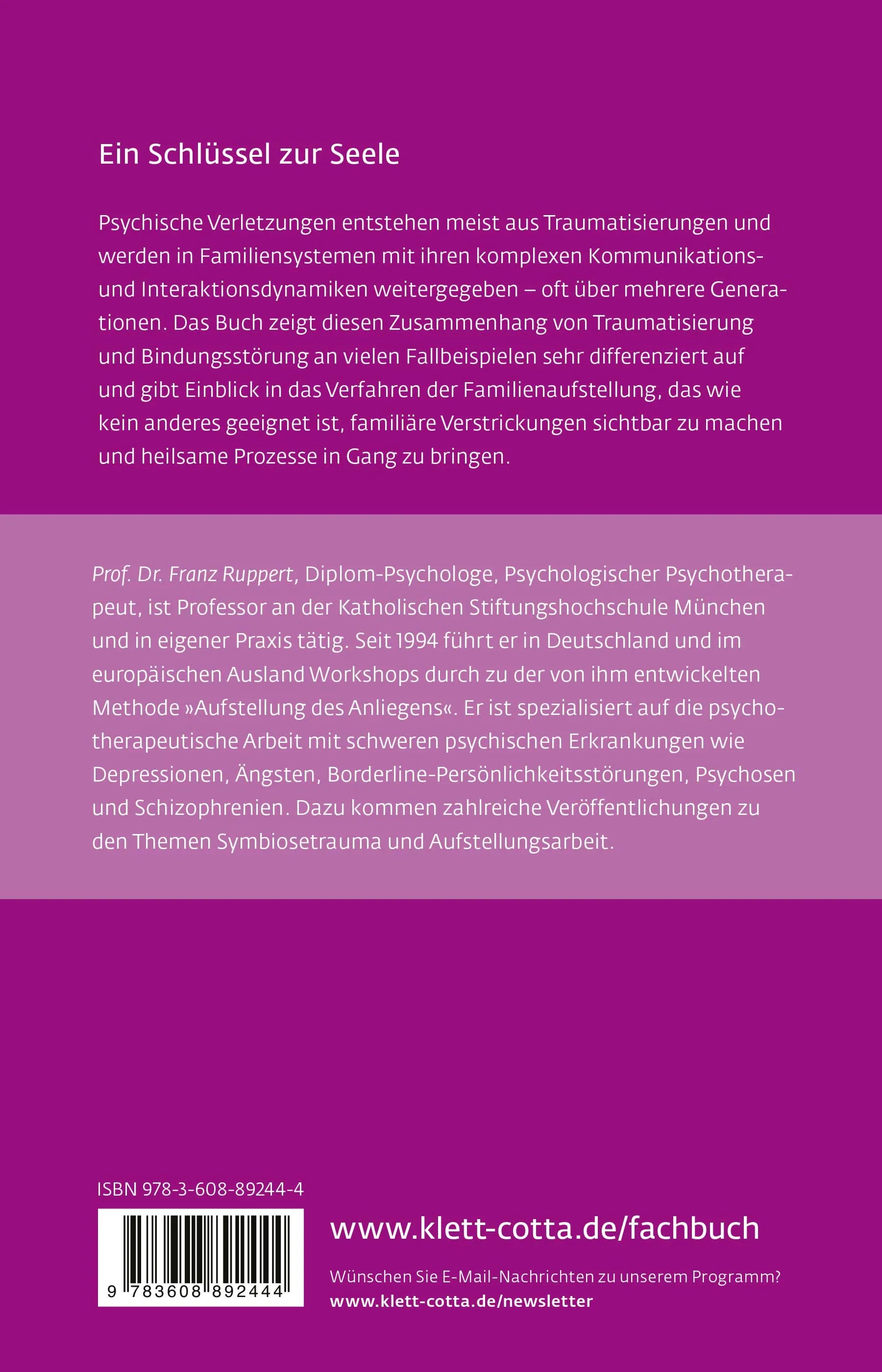 Buchrückseite von 'Trauma, Bindung und Familienstellen' mit Klappentext - Paperback
