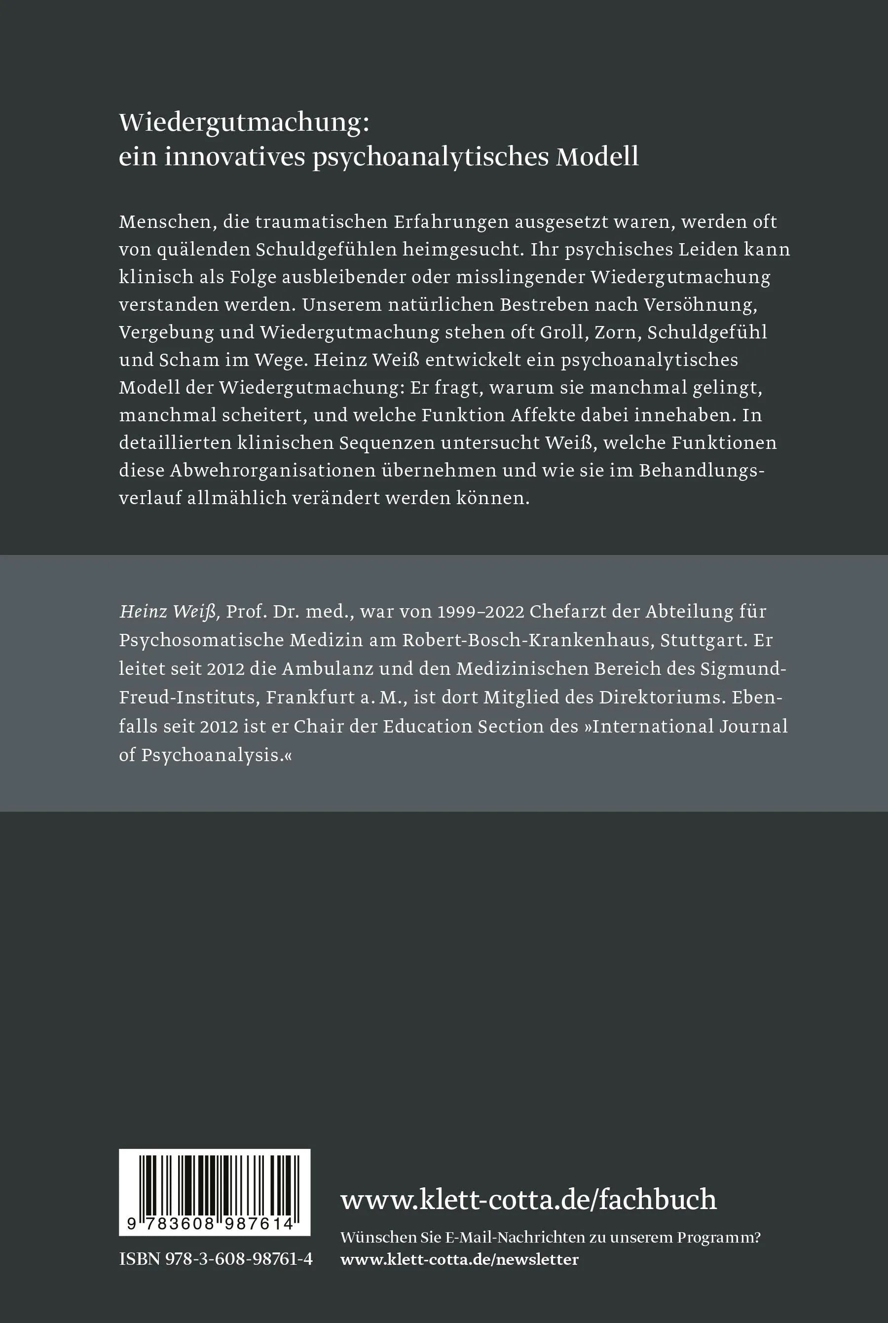 Buchrückseite von 'Trauma, Schuldgefühl und Wiedergutmachung' mit Klappentext - Paperback