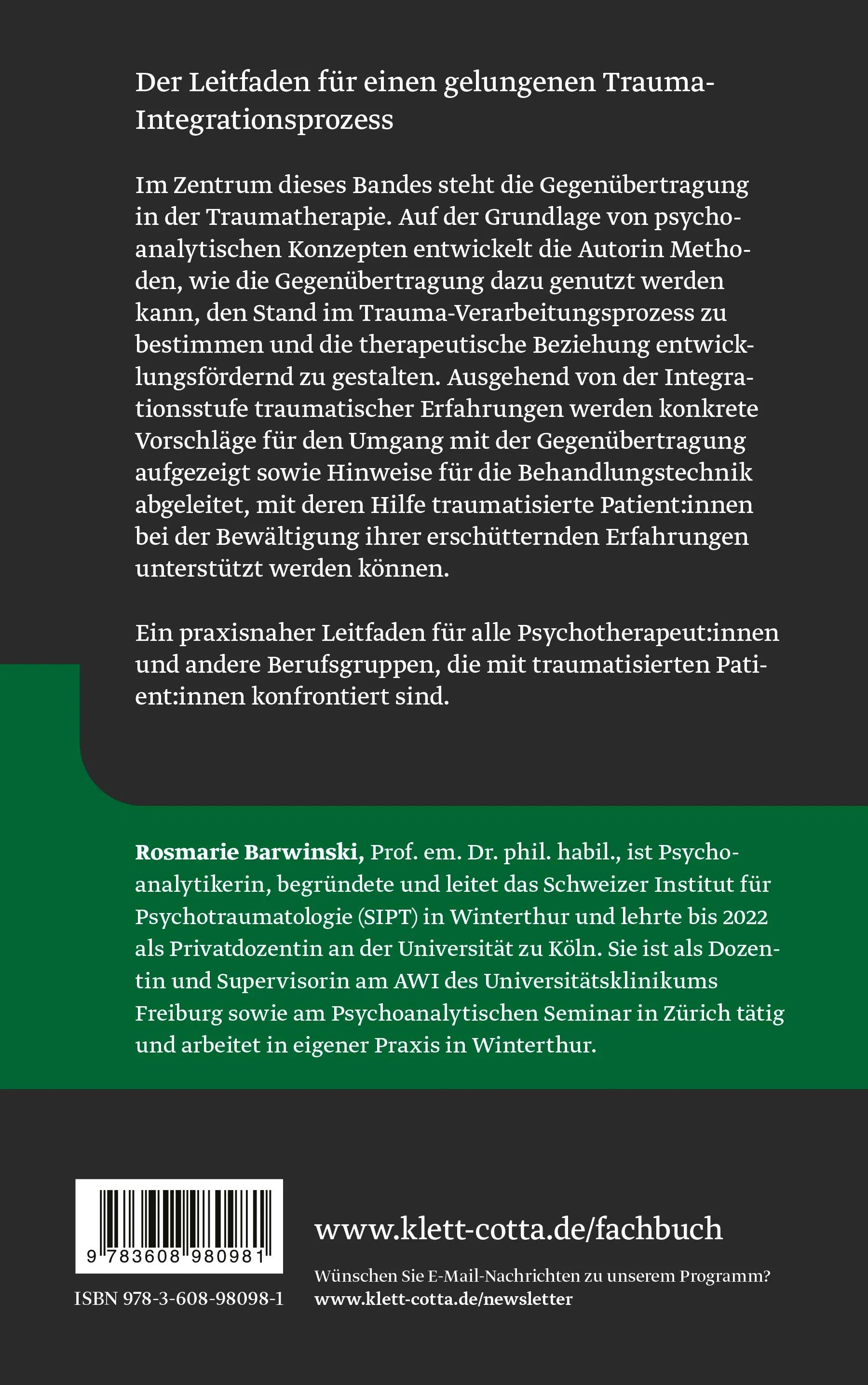 Buchrückseite von 'Trauma und Gegenübertragung' mit Klappentext - Gebundene Ausgabe