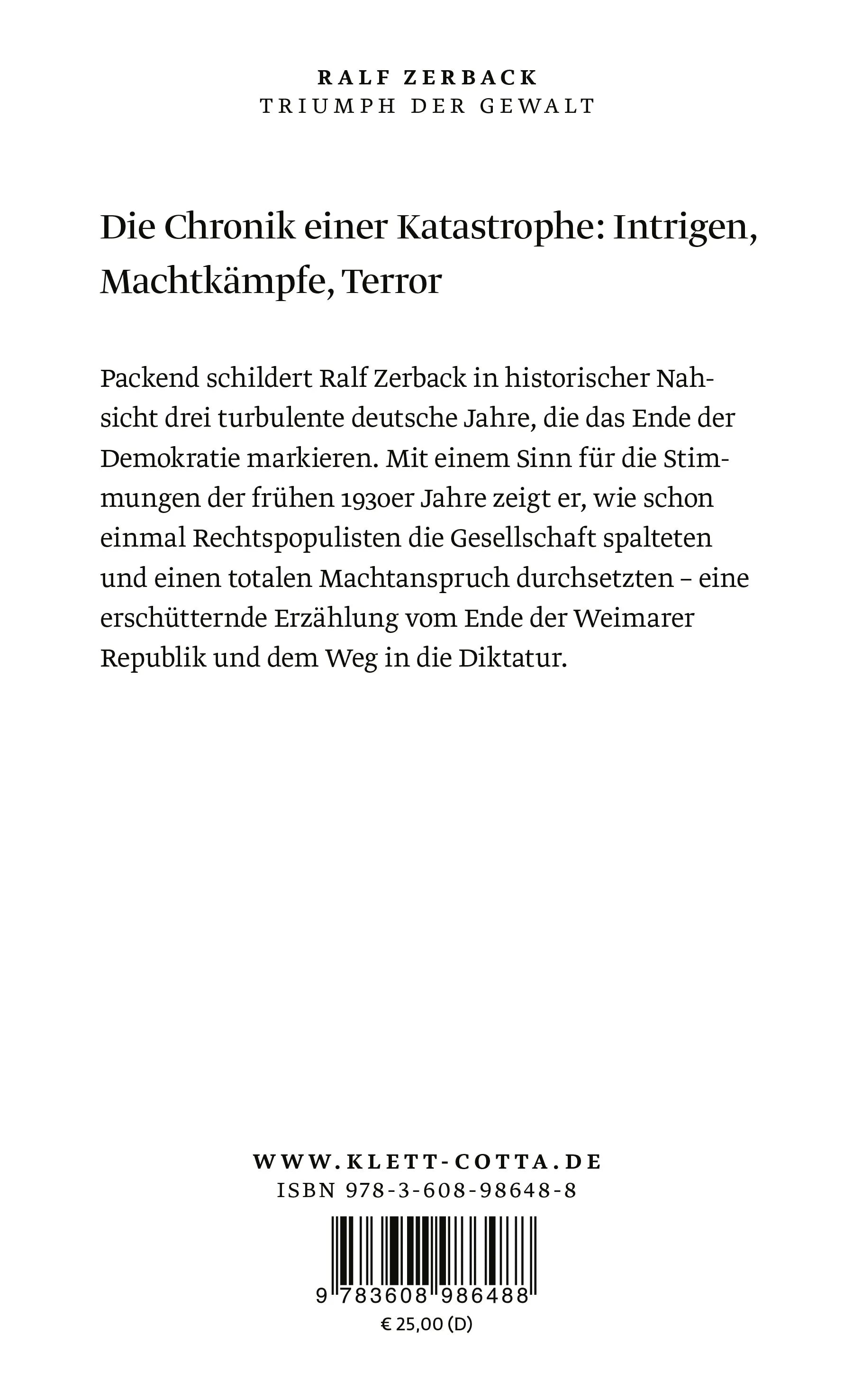 Buchrückseite von 'Triumph der Gewalt' mit Klappentext - Gebundene Ausgabe