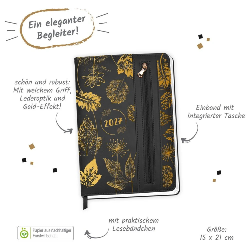 TRÖTSCH - Wochenplaner A5 mit Tasche Flowers black 2027 – Ansicht