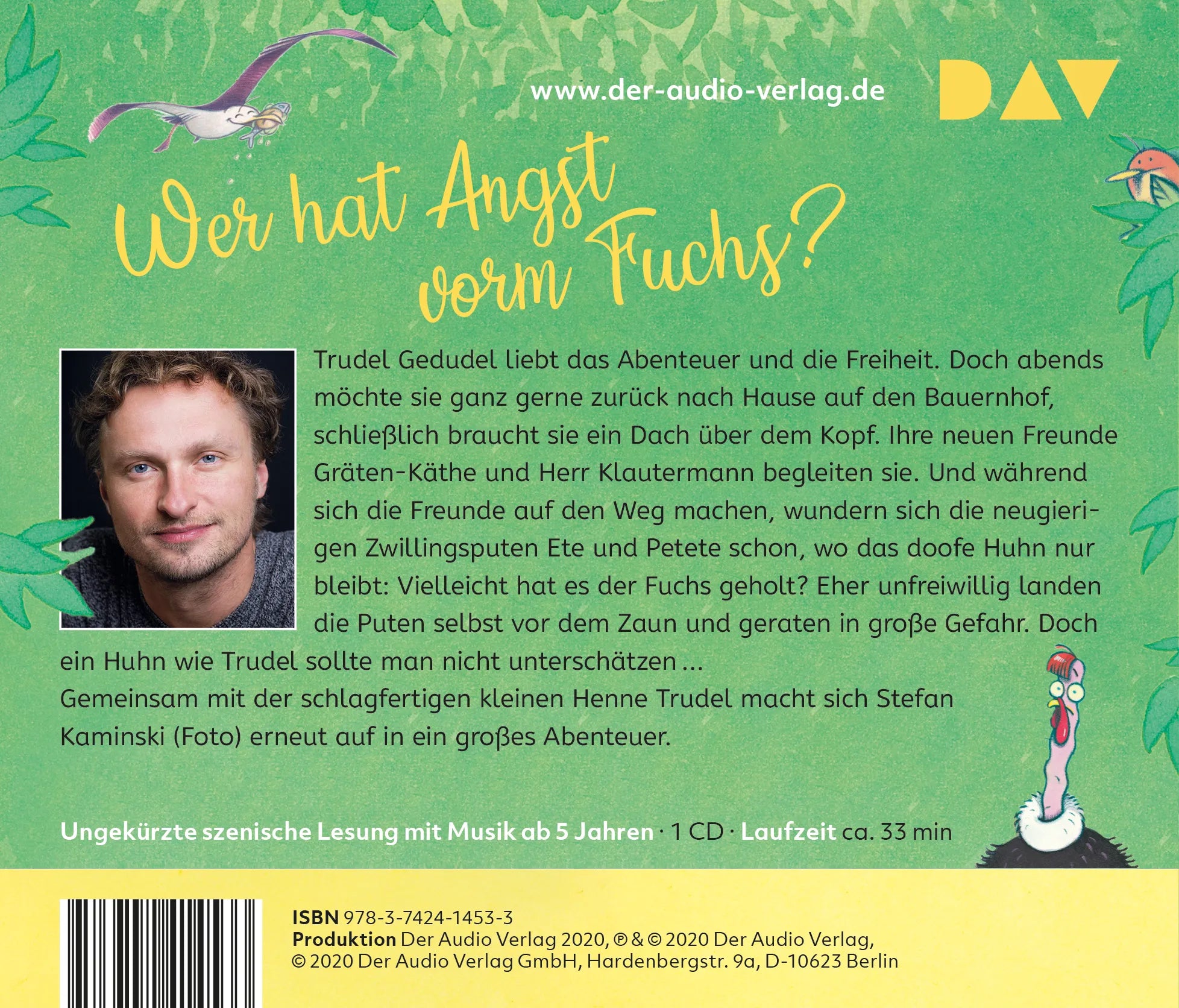 Buchrückseite von 'Trudel Gedudel foppt den Fuchs' mit Klappentext - Hörbuch (CD)