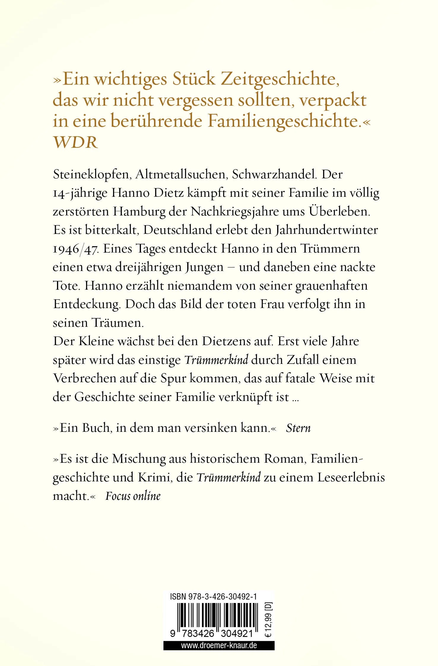 Buchrückseite von 'Trümmerkind' mit Klappentext - Taschenbuch