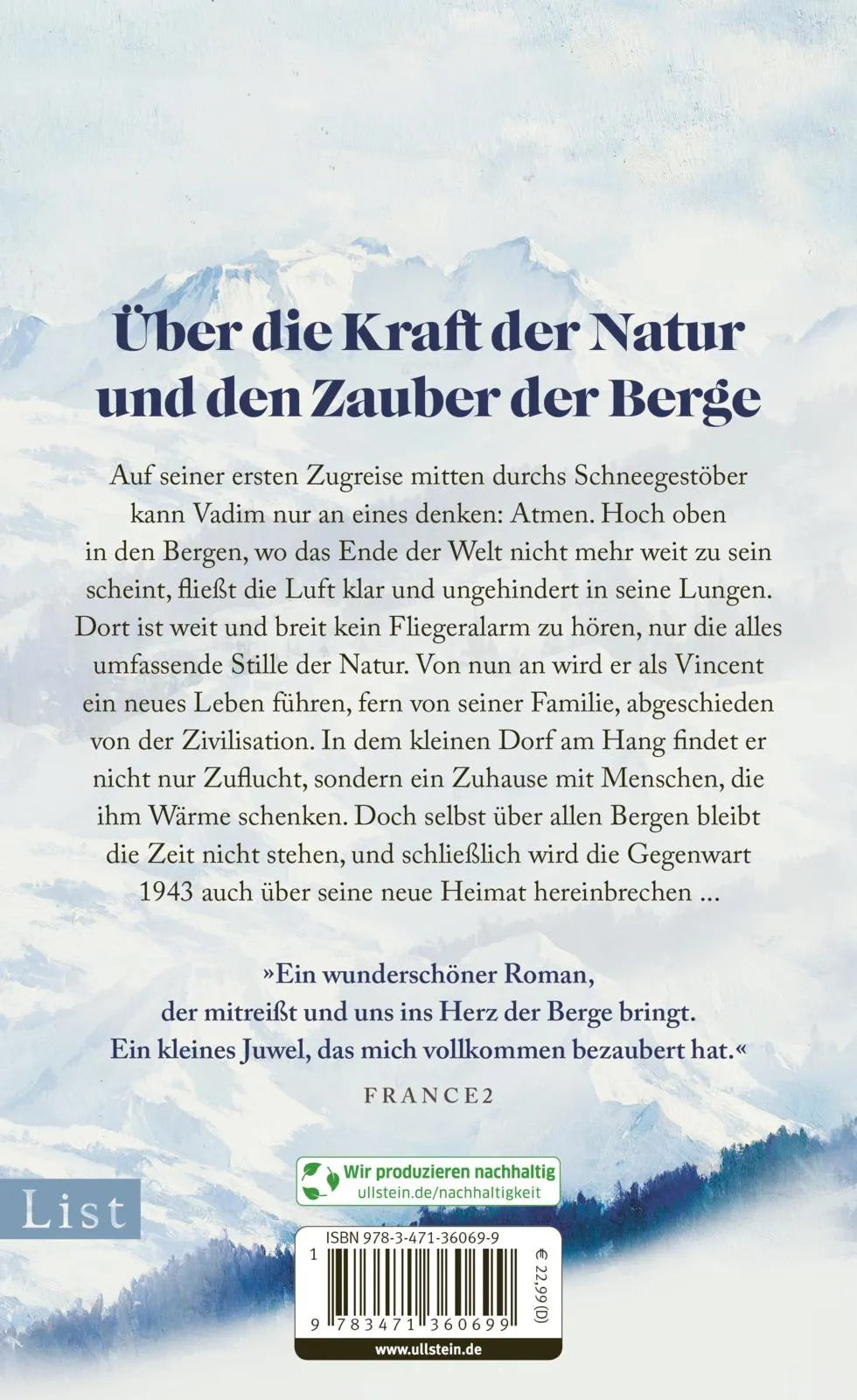 Buchrückseite von 'Über allen Bergen' mit Klappentext - Gebundene Ausgabe
