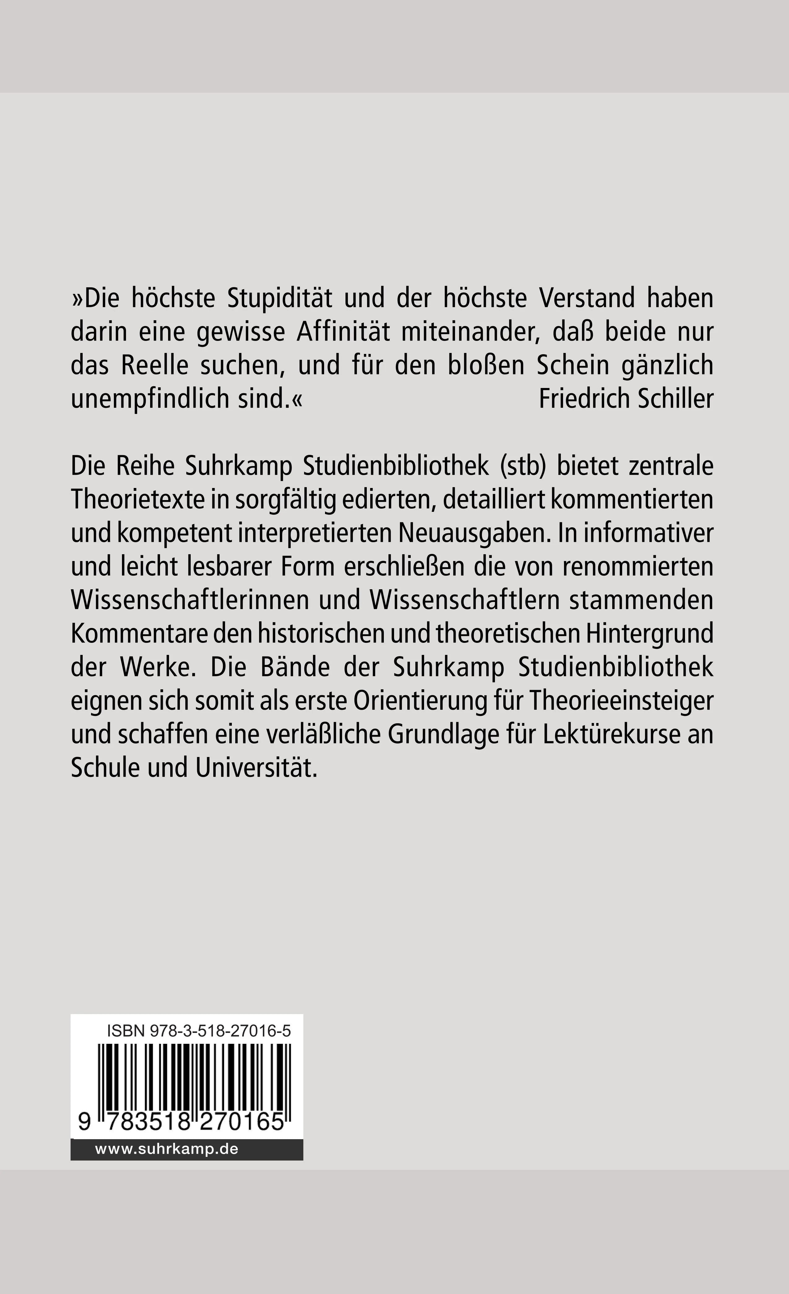 Buchrückseite von 'Über die ästhetische Erziehung des Menschen in einer Reihe von Briefen' mit Klappentext - Taschenbuch