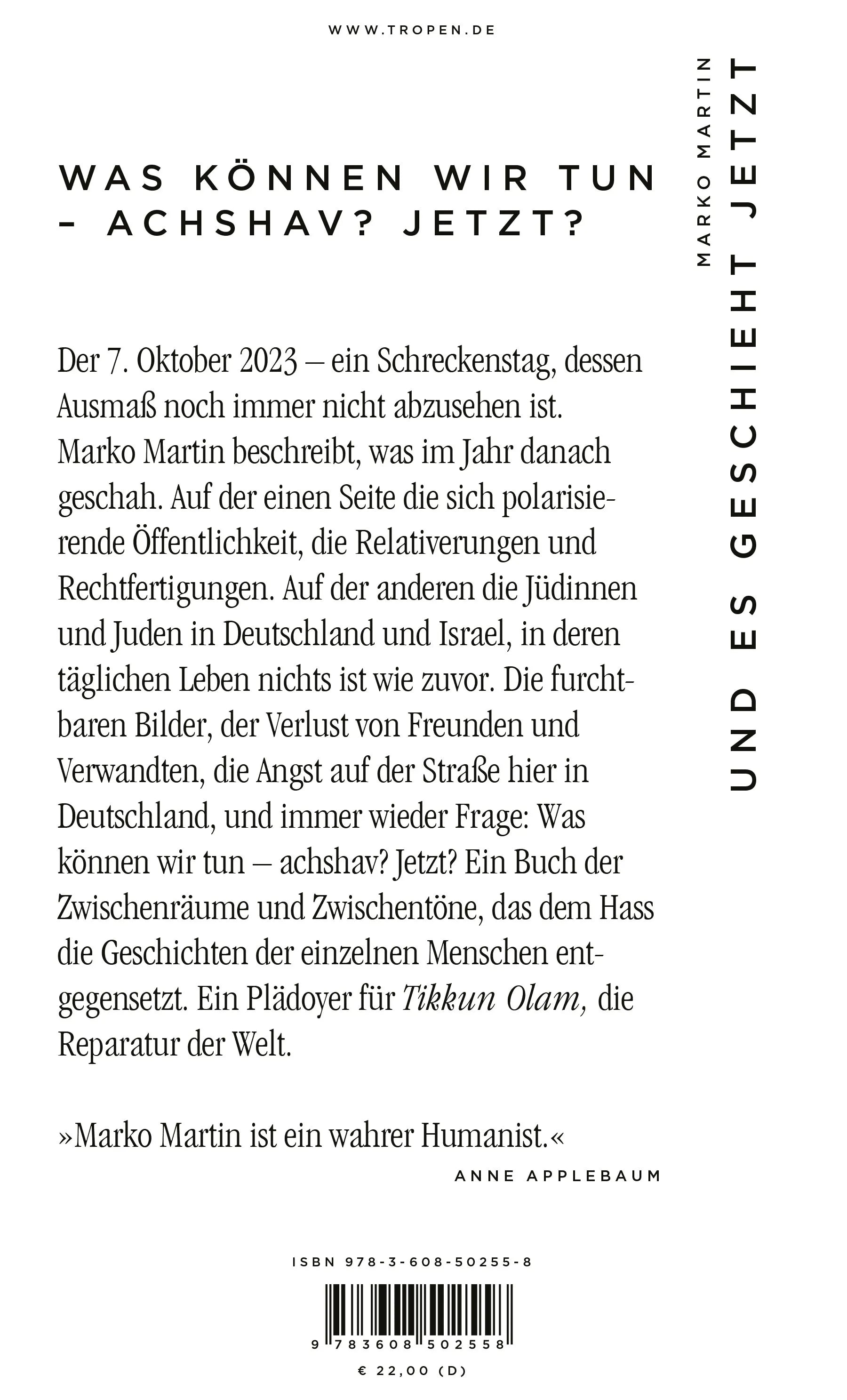 Buchrückseite von 'Und es geschieht jetzt' mit Klappentext - Gebundene Ausgabe