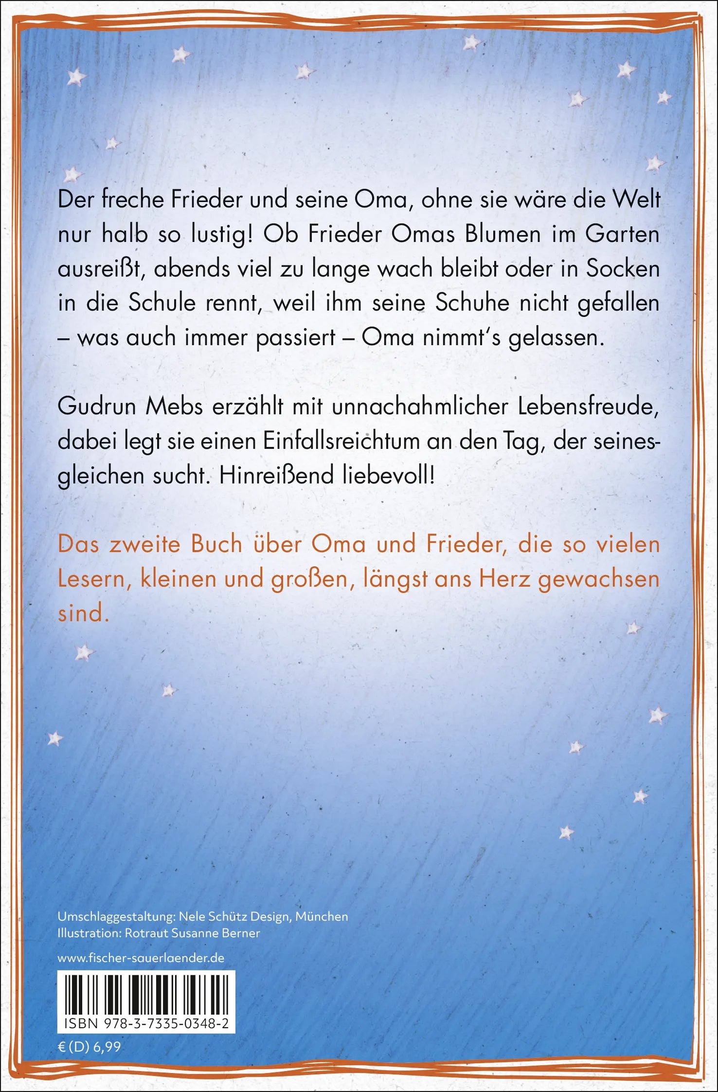 Buchrückseite von 'Und wieder schreit der Frieder Oma' mit Klappentext - Taschenbuch