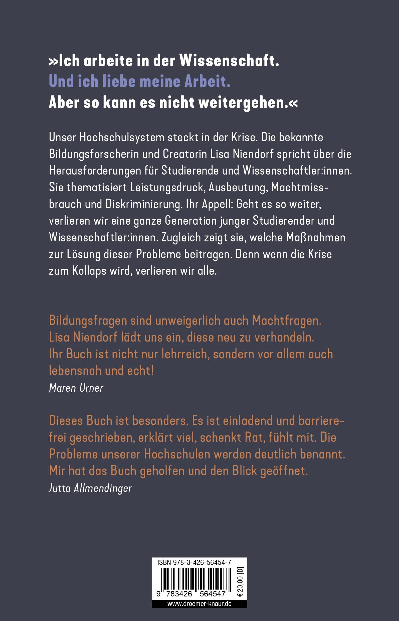 Buchrückseite von 'UNIversal gescheitert?' mit Klappentext - Paperback