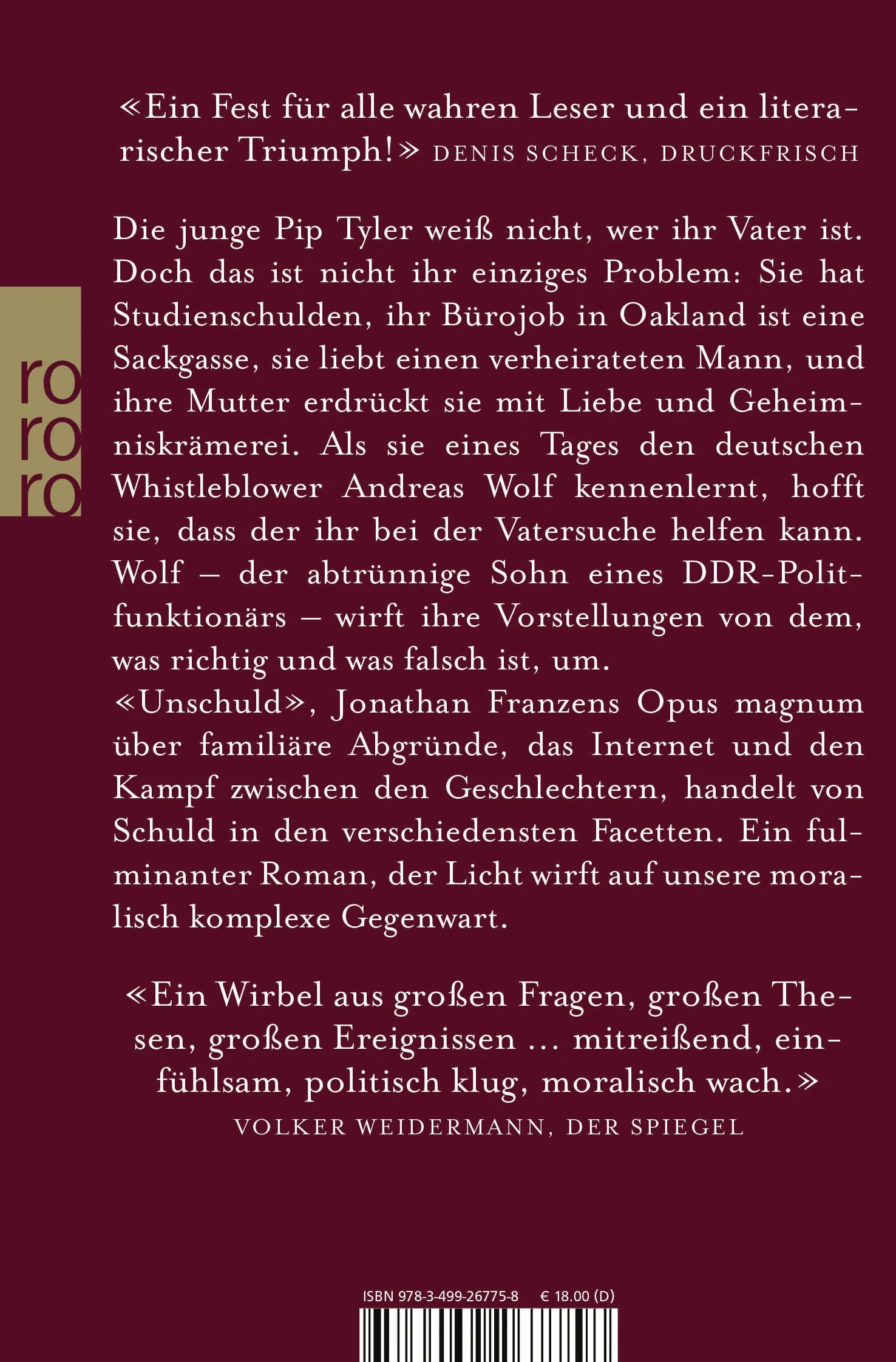 Buchrückseite von 'Unschuld' mit Klappentext - Taschenbuch