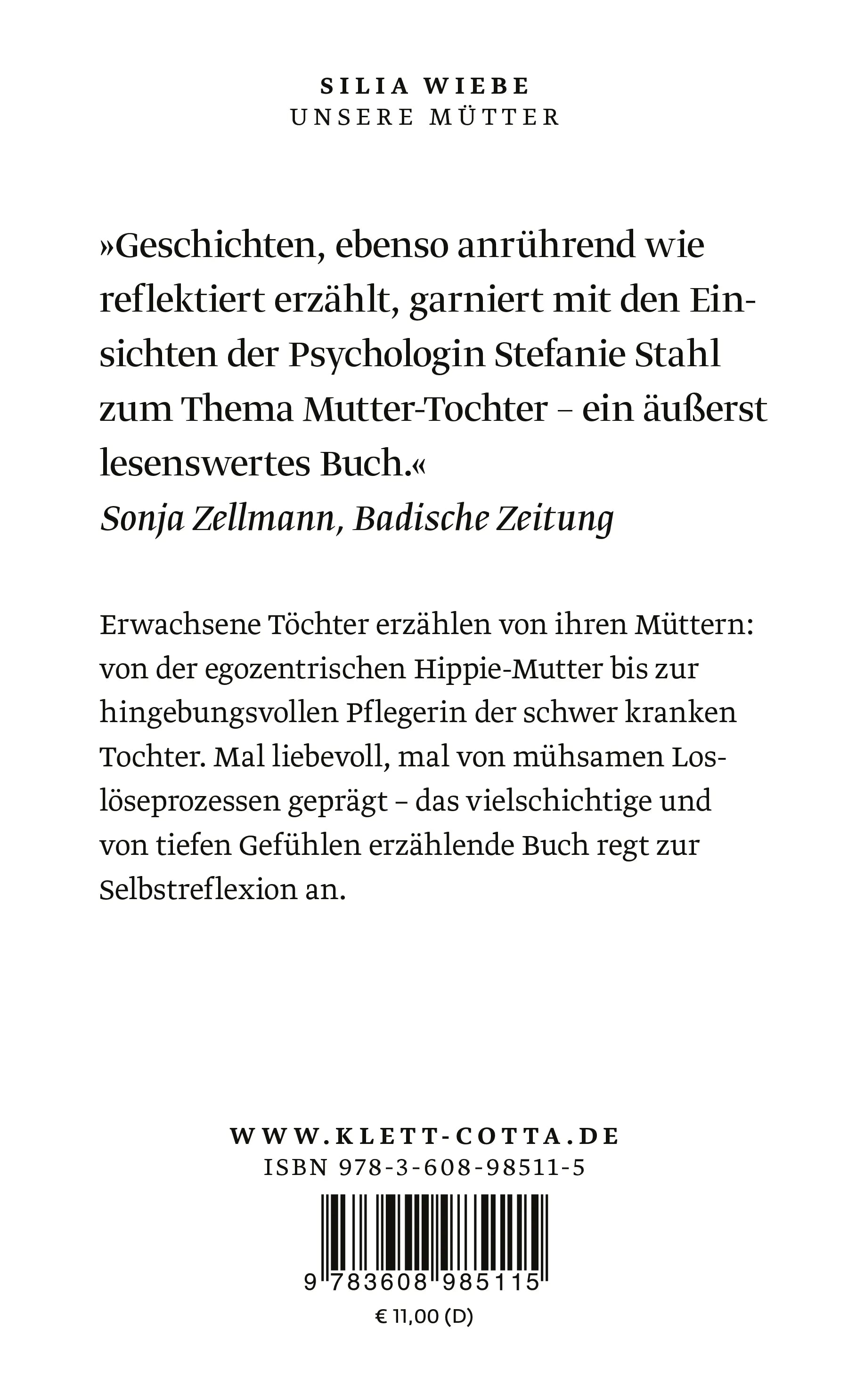 Buchrückseite von 'Unsere Mütter' mit Klappentext - Taschenbuch