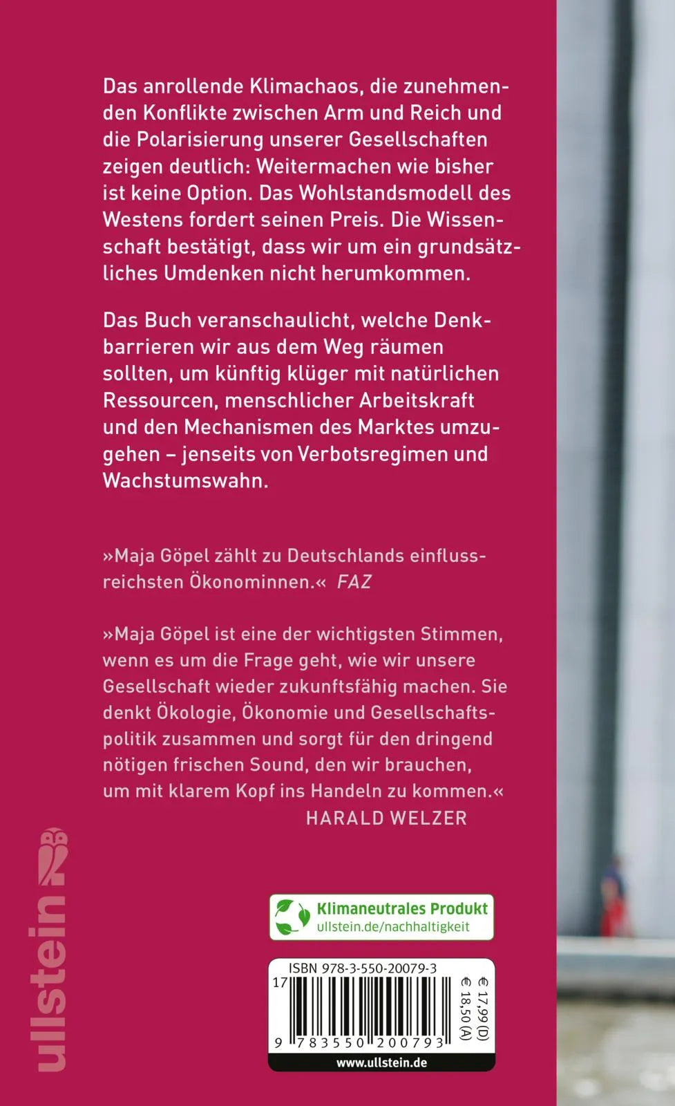 Buchrückseite von 'Unsere Welt neu denken' mit Klappentext - Gebundene Ausgabe