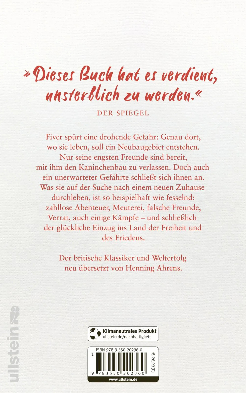 Buchrückseite von 'Unten am Fluss – »Watership Down«' mit Klappentext - Gebundene Ausgabe