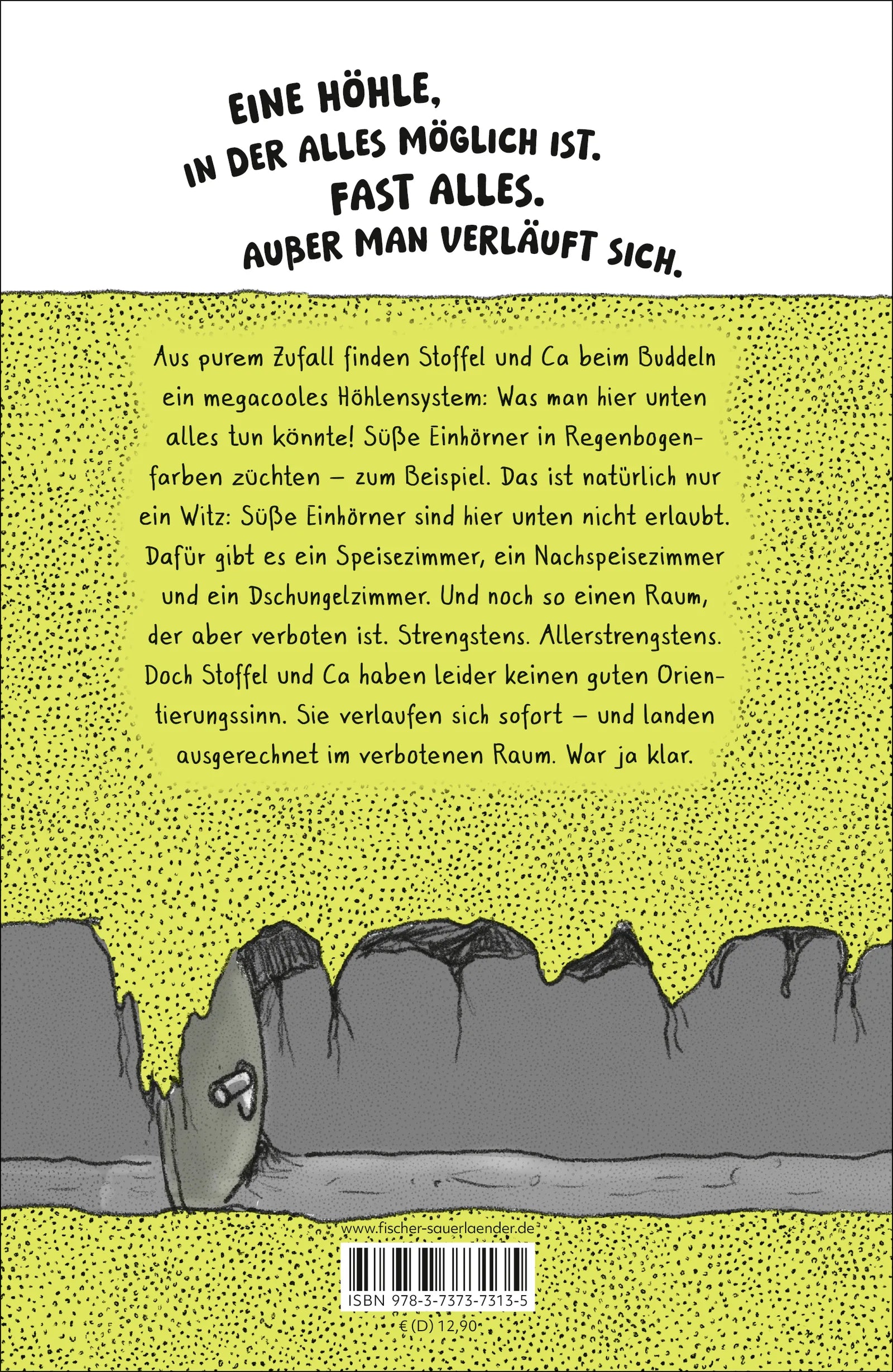 Buchrückseite von 'Unterirdisch. Ein Comicroman – selbst erlebt von Stoffel und Ca. Garantiert ohne Einhörner' mit Klappentext - Gebundene Ausgabe