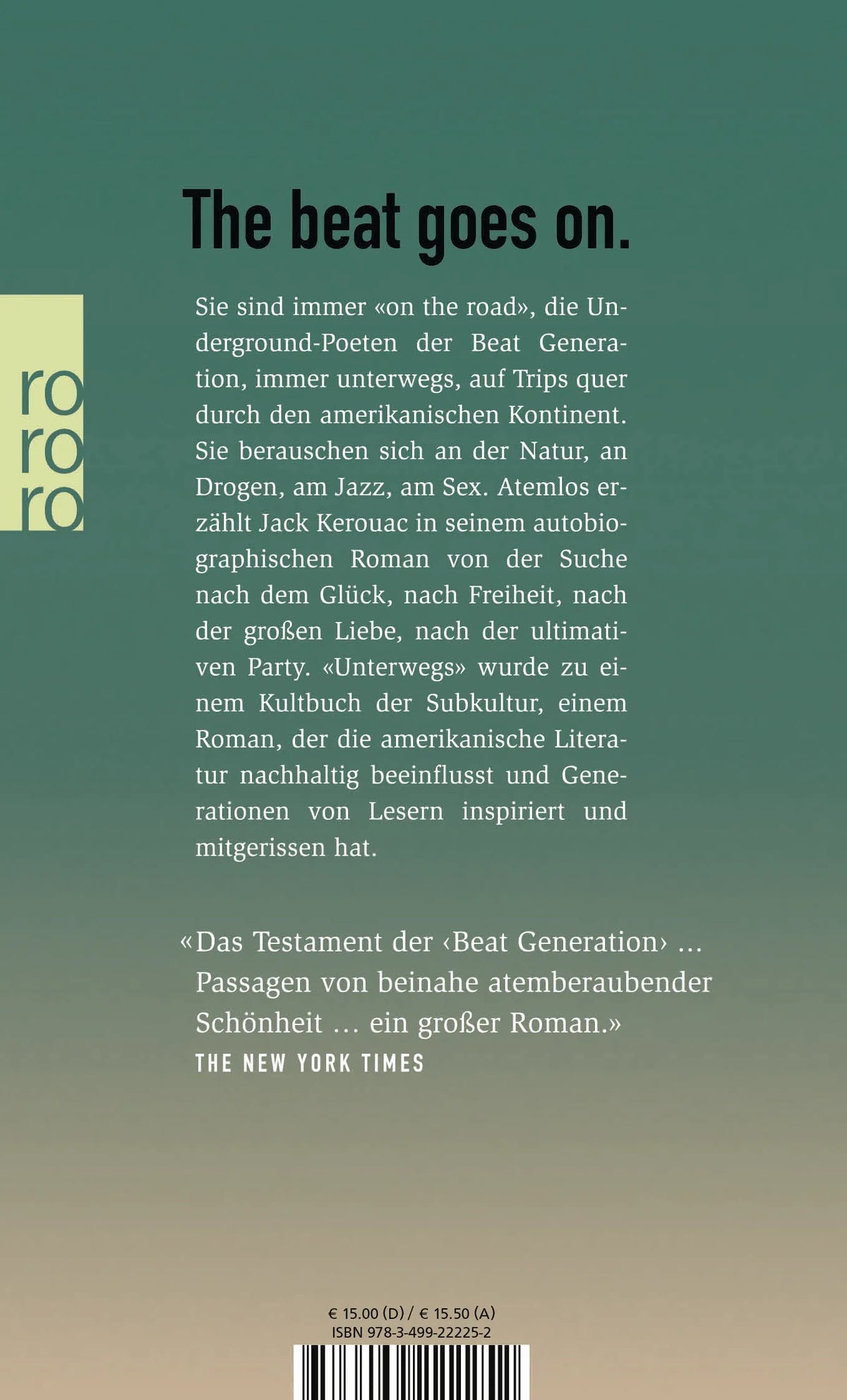 Buchrückseite von 'Unterwegs' mit Klappentext - Taschenbuch