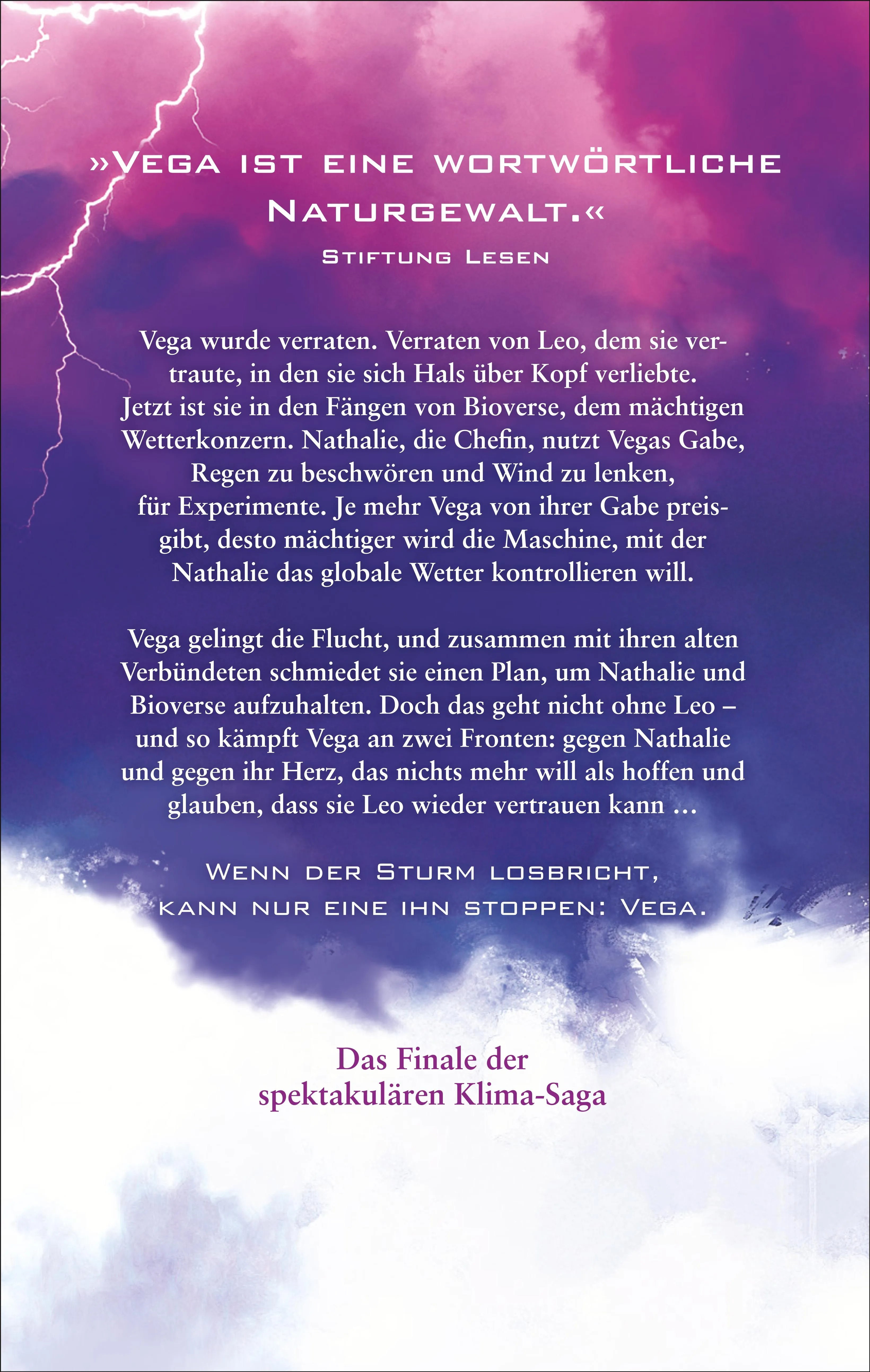 Buchrückseite von 'Vega 2 – Der Sturm in meinem Herzen' mit Klappentext - Gebundene Ausgabe