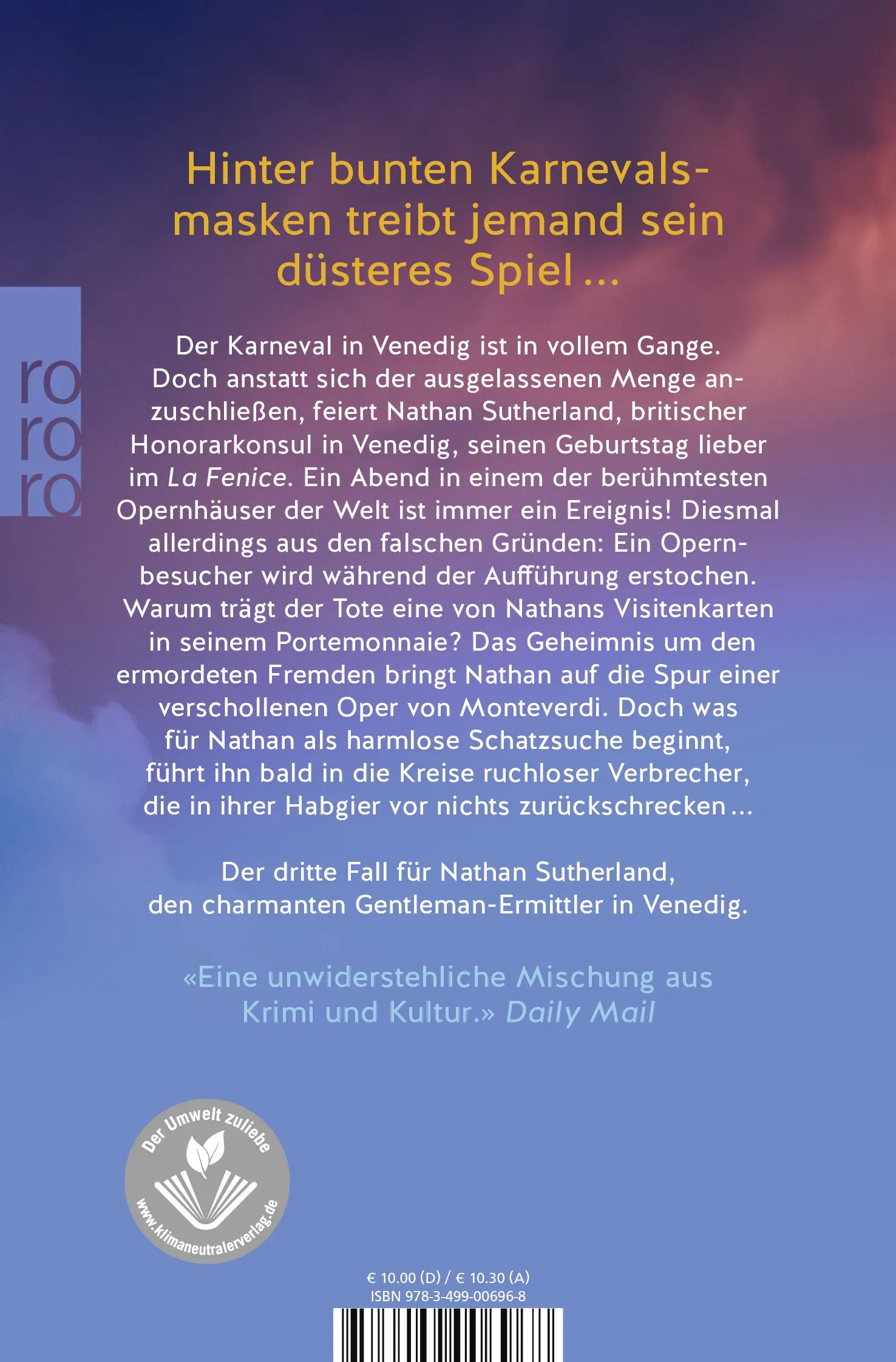 Buchrückseite von 'Venezianische Maskerade' mit Klappentext - Taschenbuch