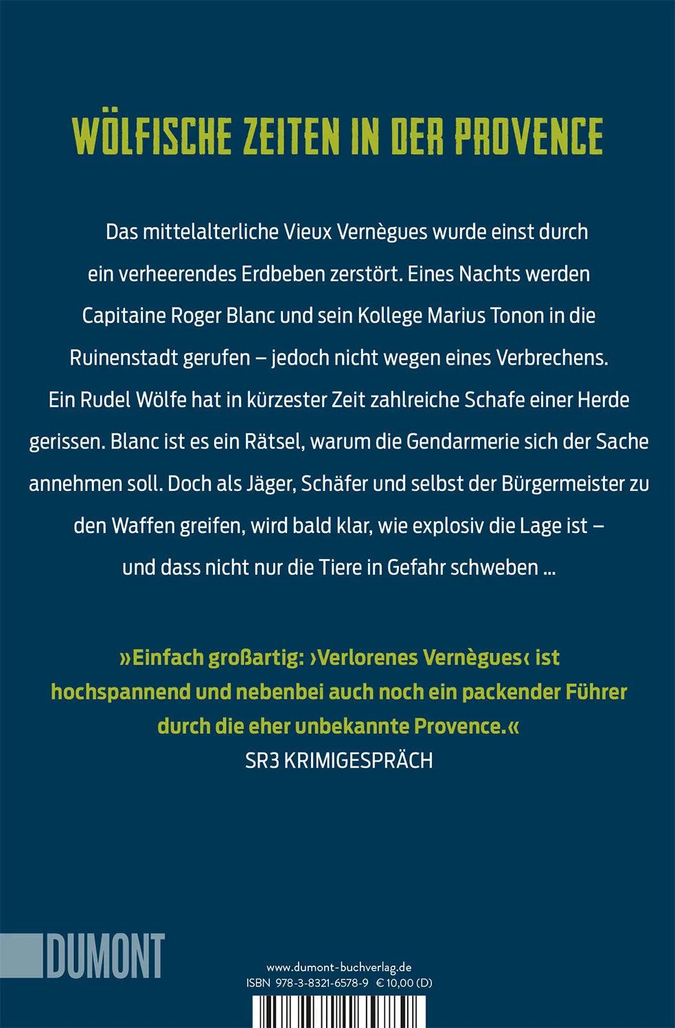 Buchrückseite von 'Verlorenes Vernègues' mit Klappentext - Taschenbuch