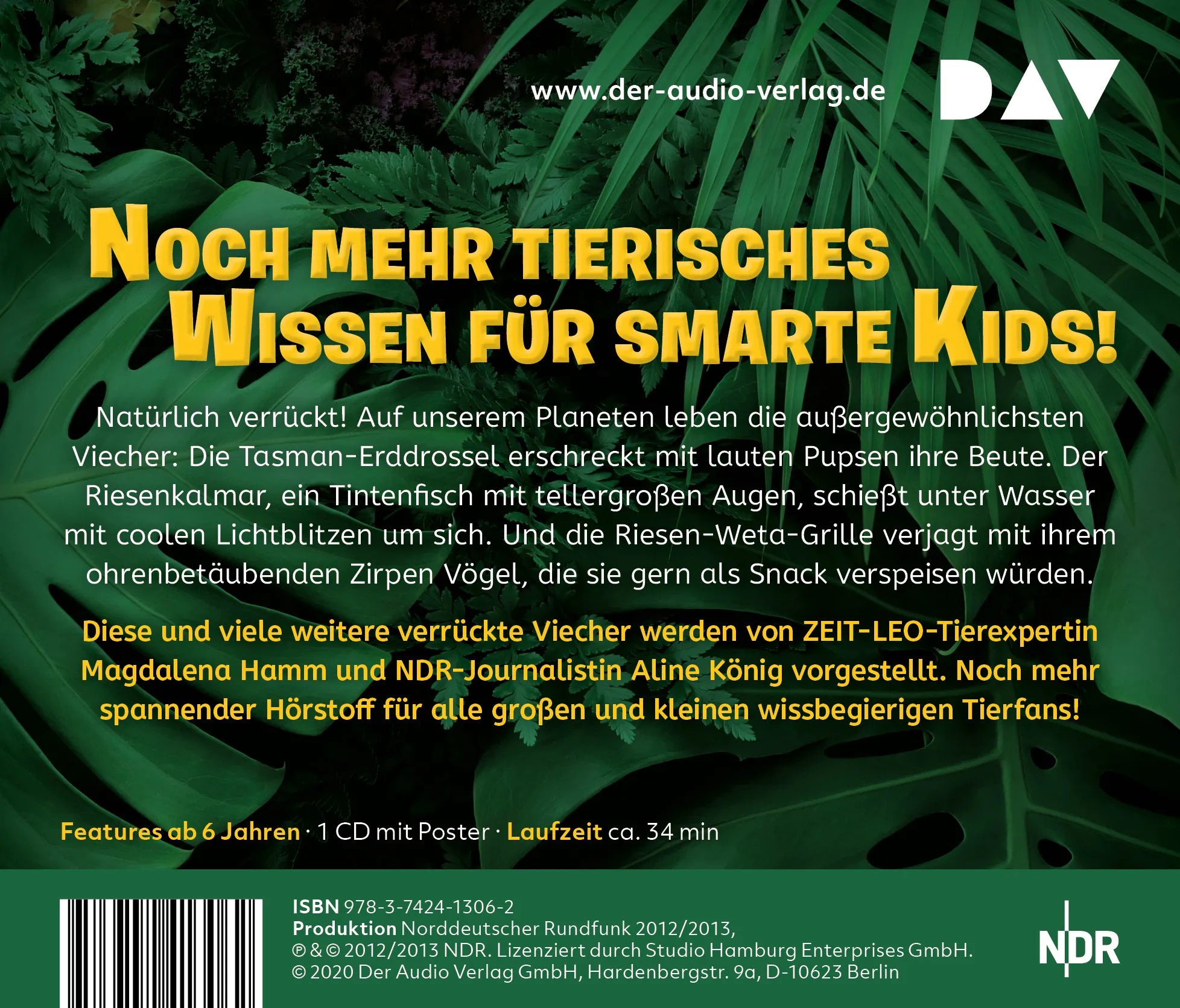 Buchrückseite von 'Verrückte Viecher von A bis Z – Teil 2: Von Narwal bis Zwergchamäleon' mit Klappentext - Hörbuch (CD)