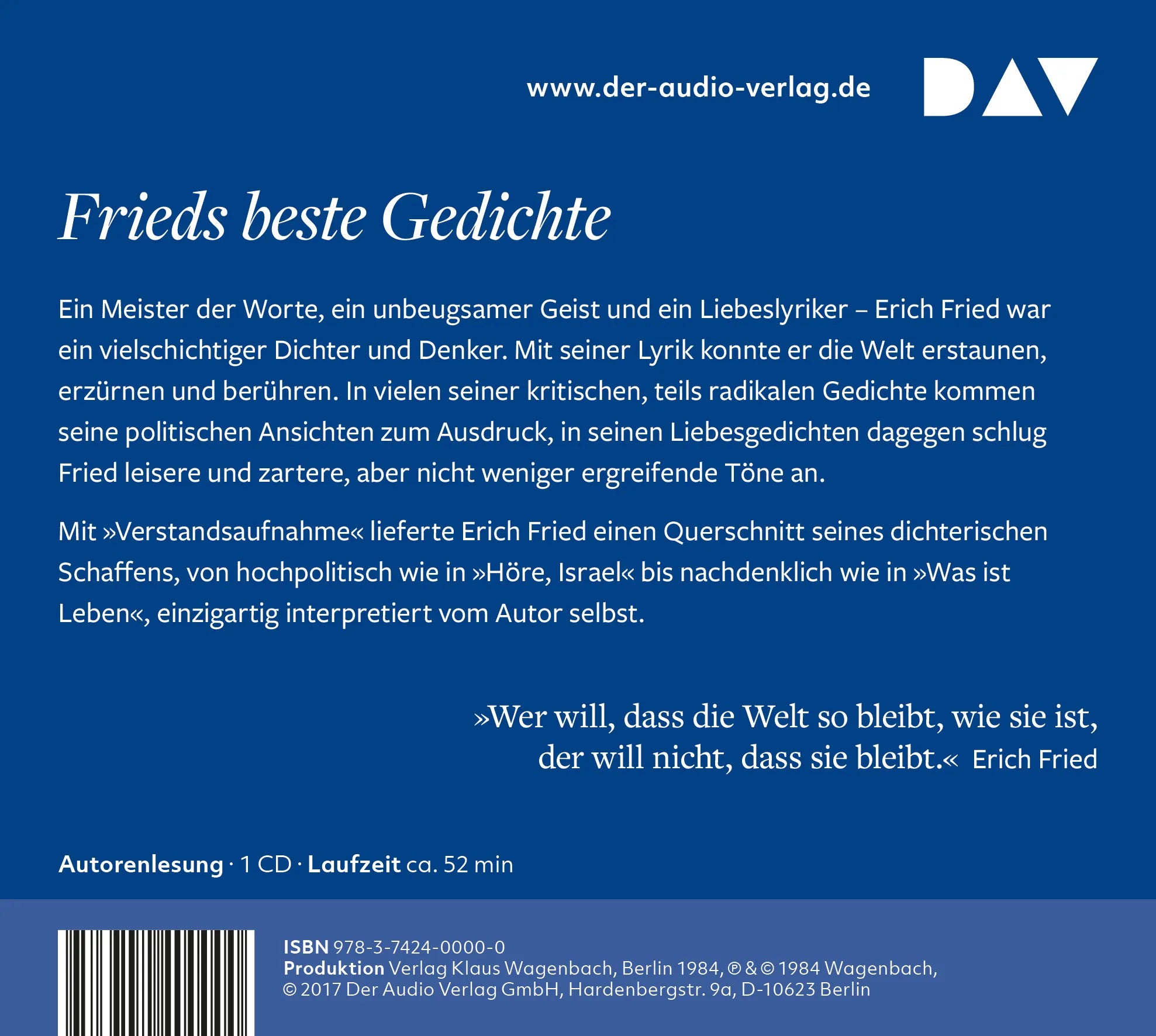 Buchrückseite von 'Verstandsaufnahme. 61 Gedichte' mit Klappentext - Hörbuch (CD)