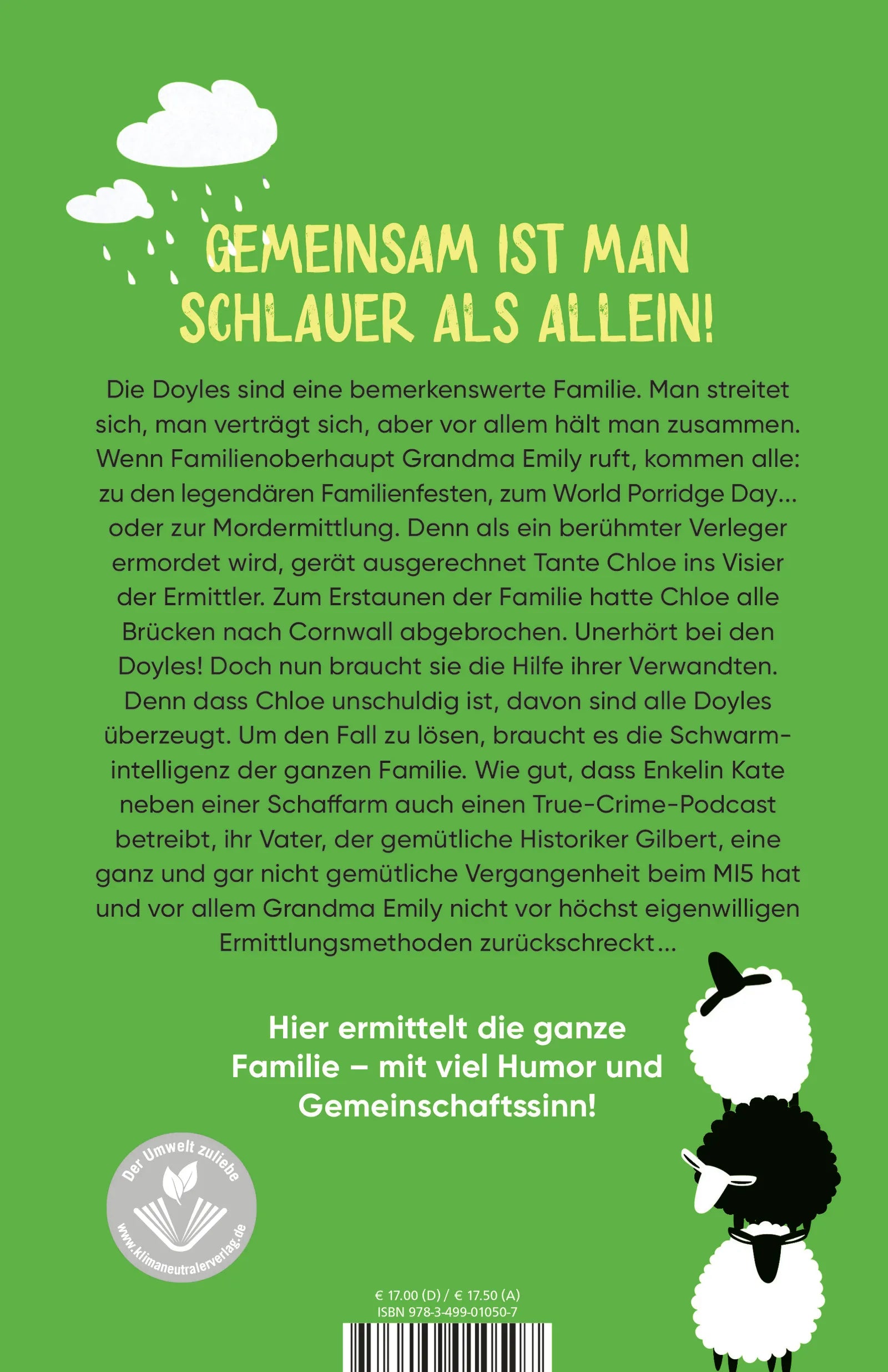 Buchrückseite von 'Vier Schafe und ein Todesfall' mit Klappentext - Paperback
