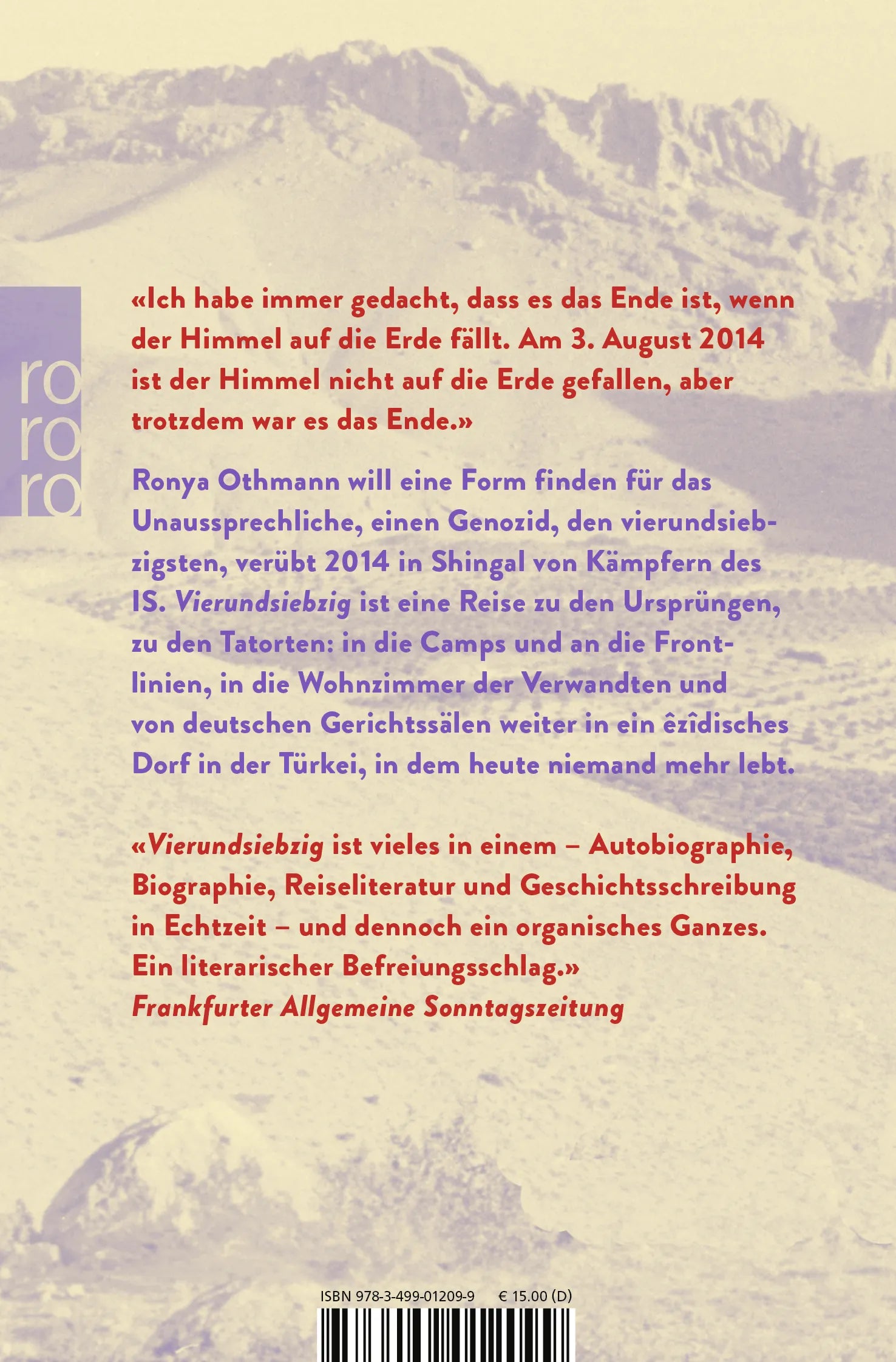 Buchrückseite von 'Vierundsiebzig' mit Klappentext - Taschenbuch