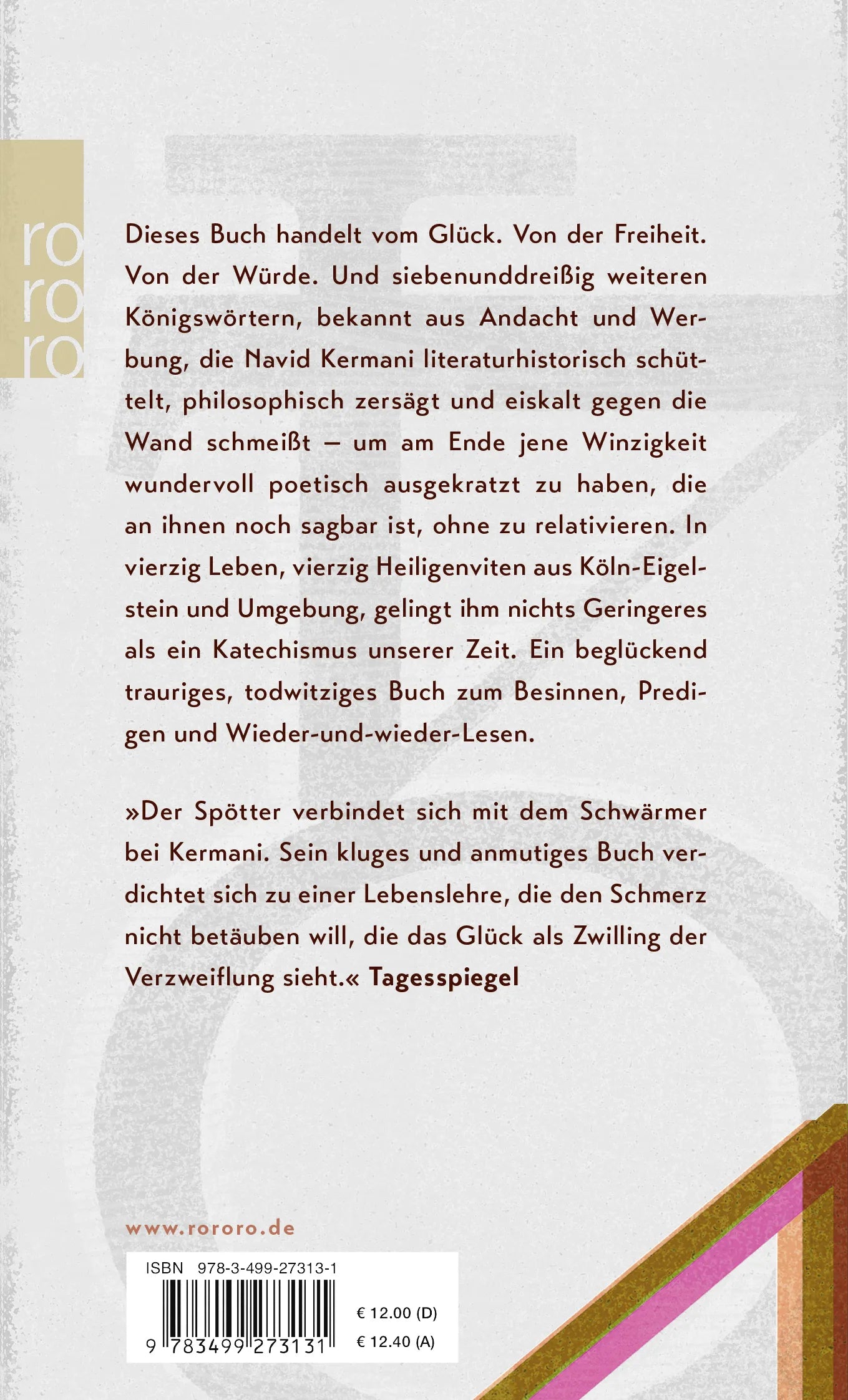 Buchrückseite von 'Vierzig Leben' mit Klappentext - Taschenbuch