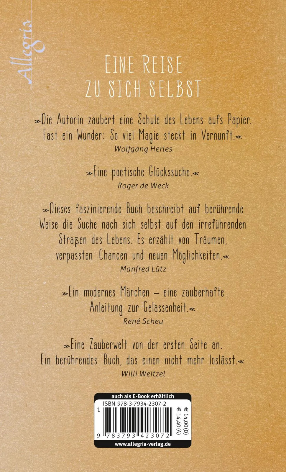 Buchrückseite von 'Vom Mann, der auszog, um den Frühling zu suchen' mit Klappentext - Gebundene Ausgabe