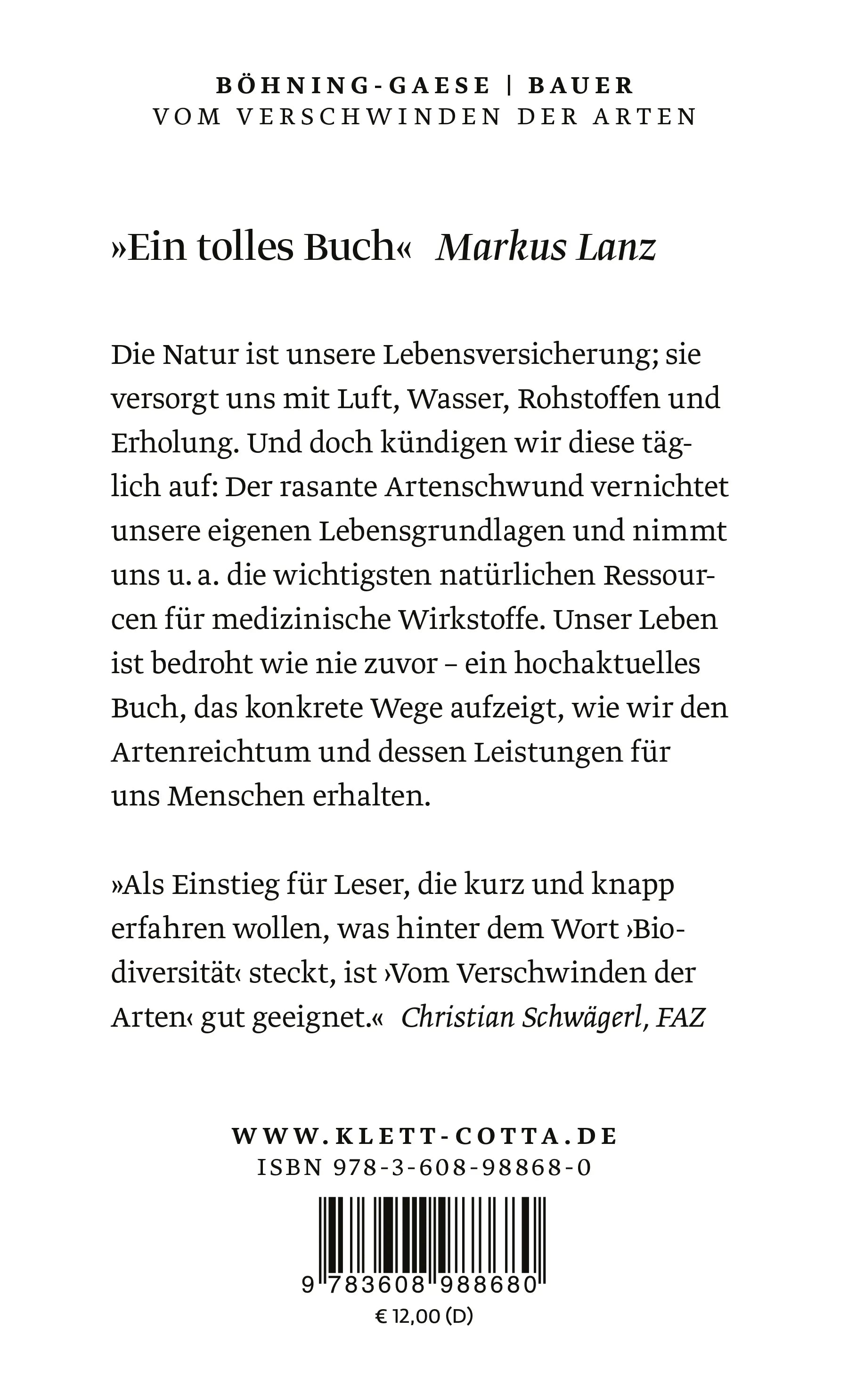 Buchrückseite von 'Vom Verschwinden der Arten' mit Klappentext - Taschenbuch