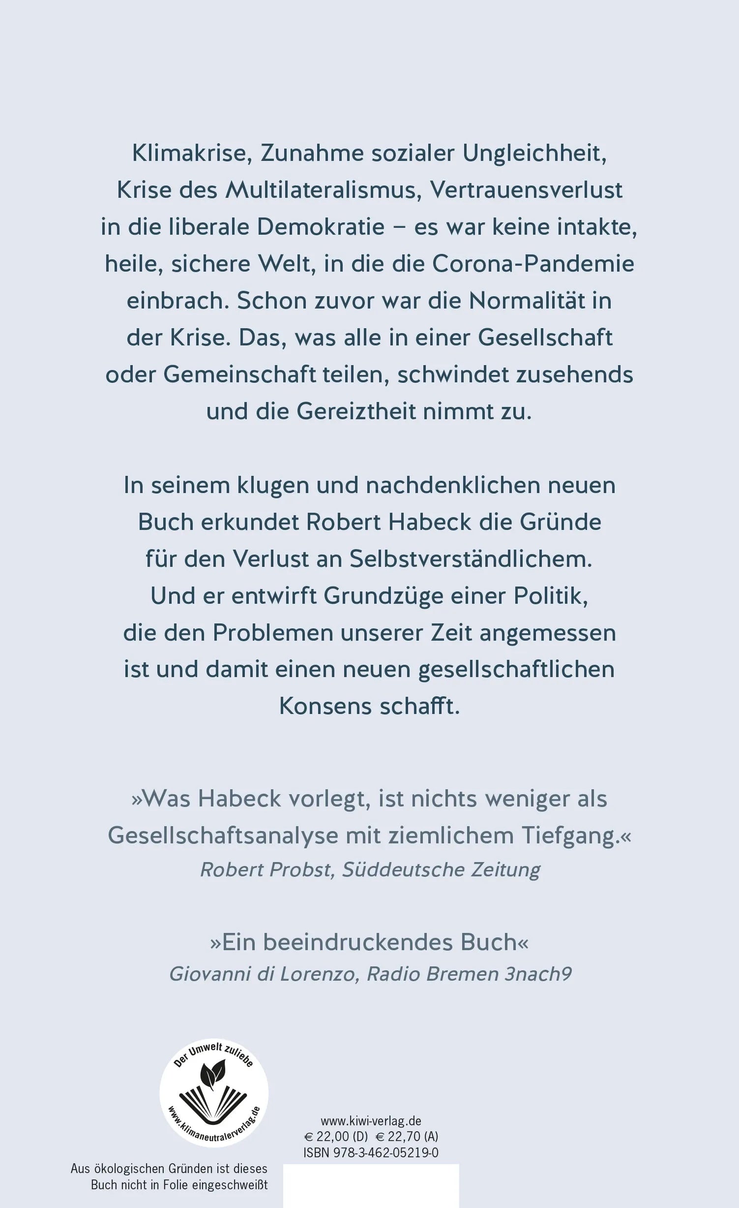 Buchrückseite von 'Von hier an anders' mit Klappentext - Gebundene Ausgabe