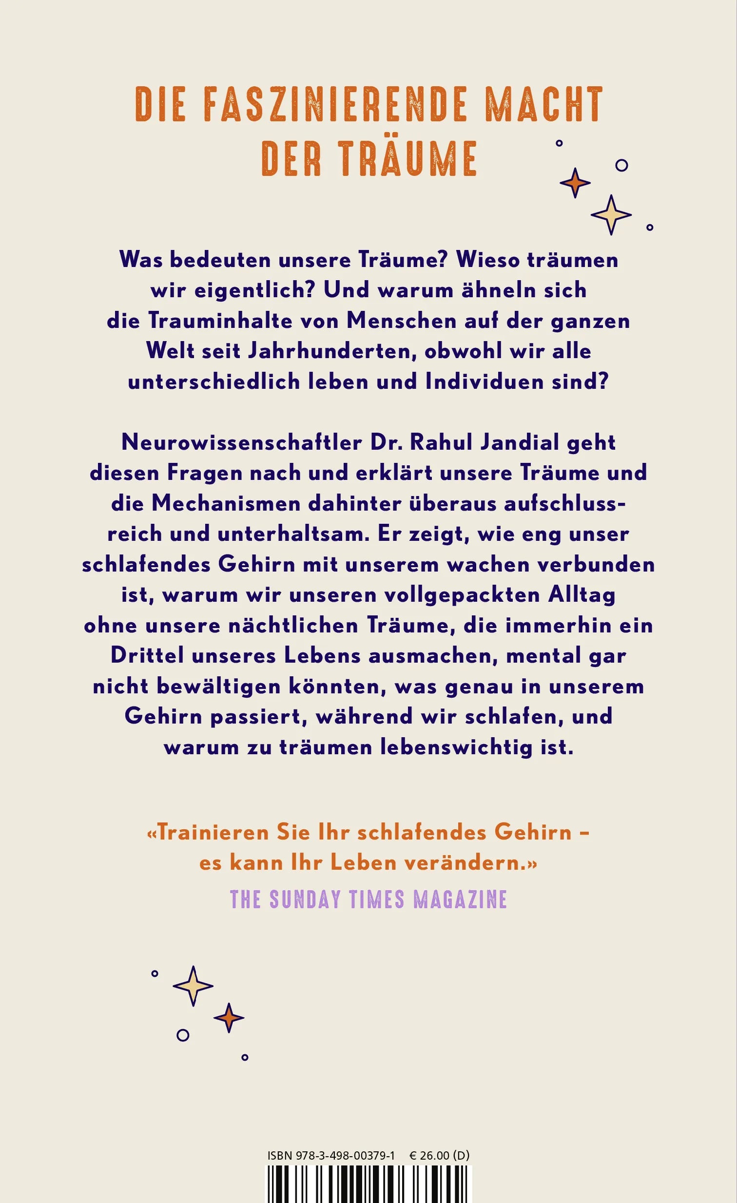 Buchrückseite von 'Warum wir träumen' mit Klappentext - Gebundene Ausgabe