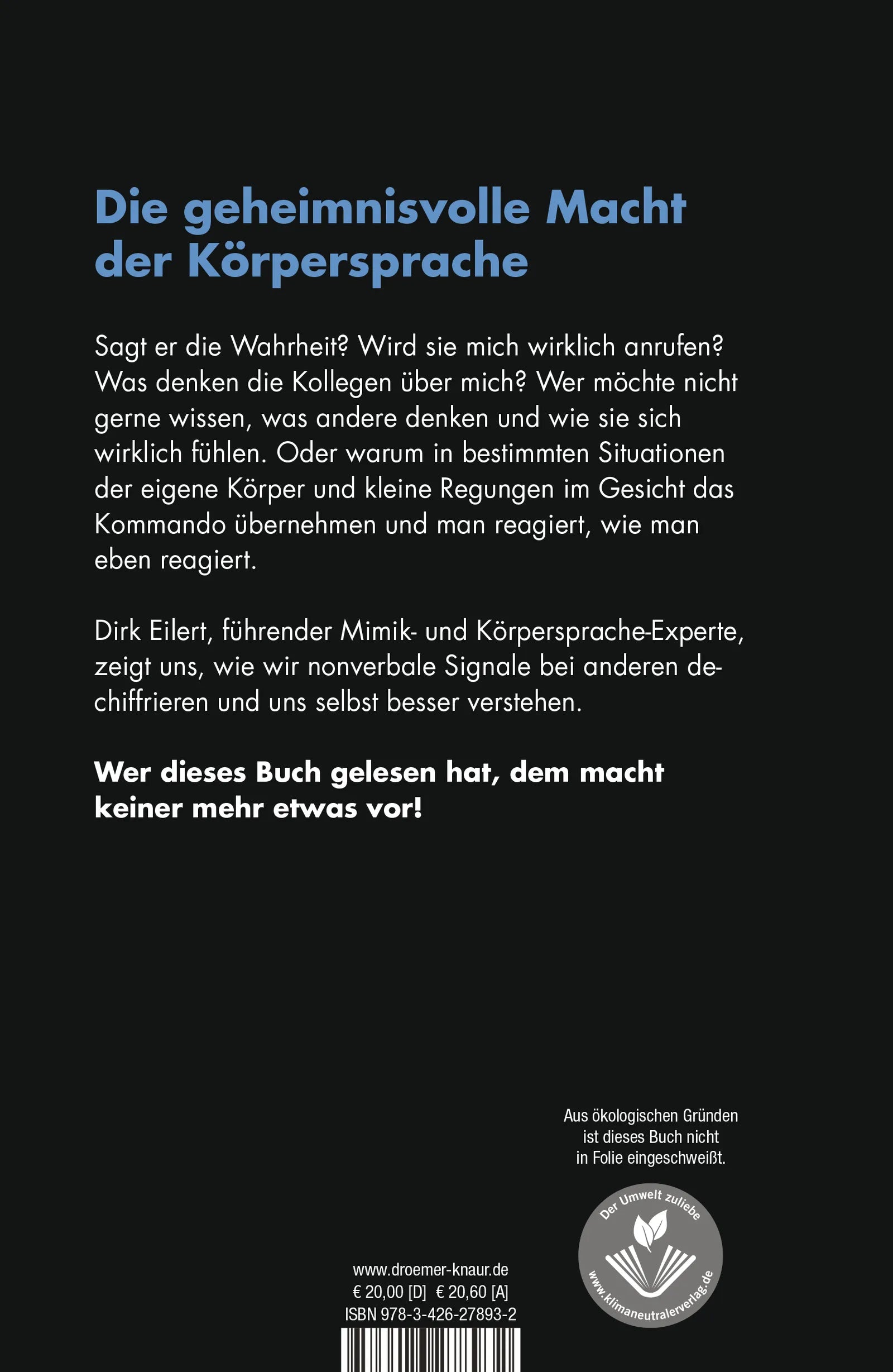 Buchrückseite von 'Was dein Gesicht verrät' mit Klappentext - Gebundene Ausgabe