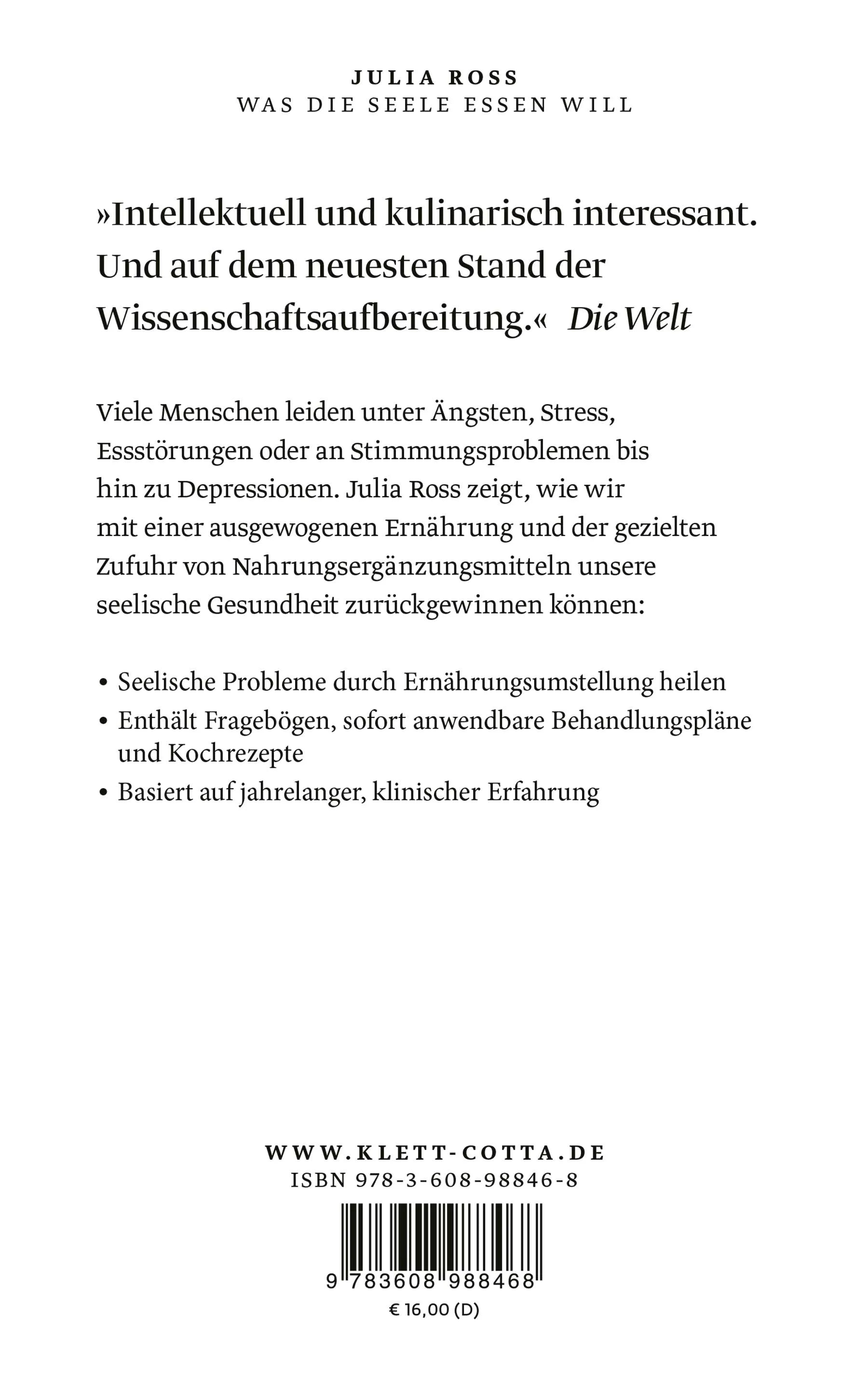 Buchrückseite von 'Was die Seele essen will' mit Klappentext - Taschenbuch